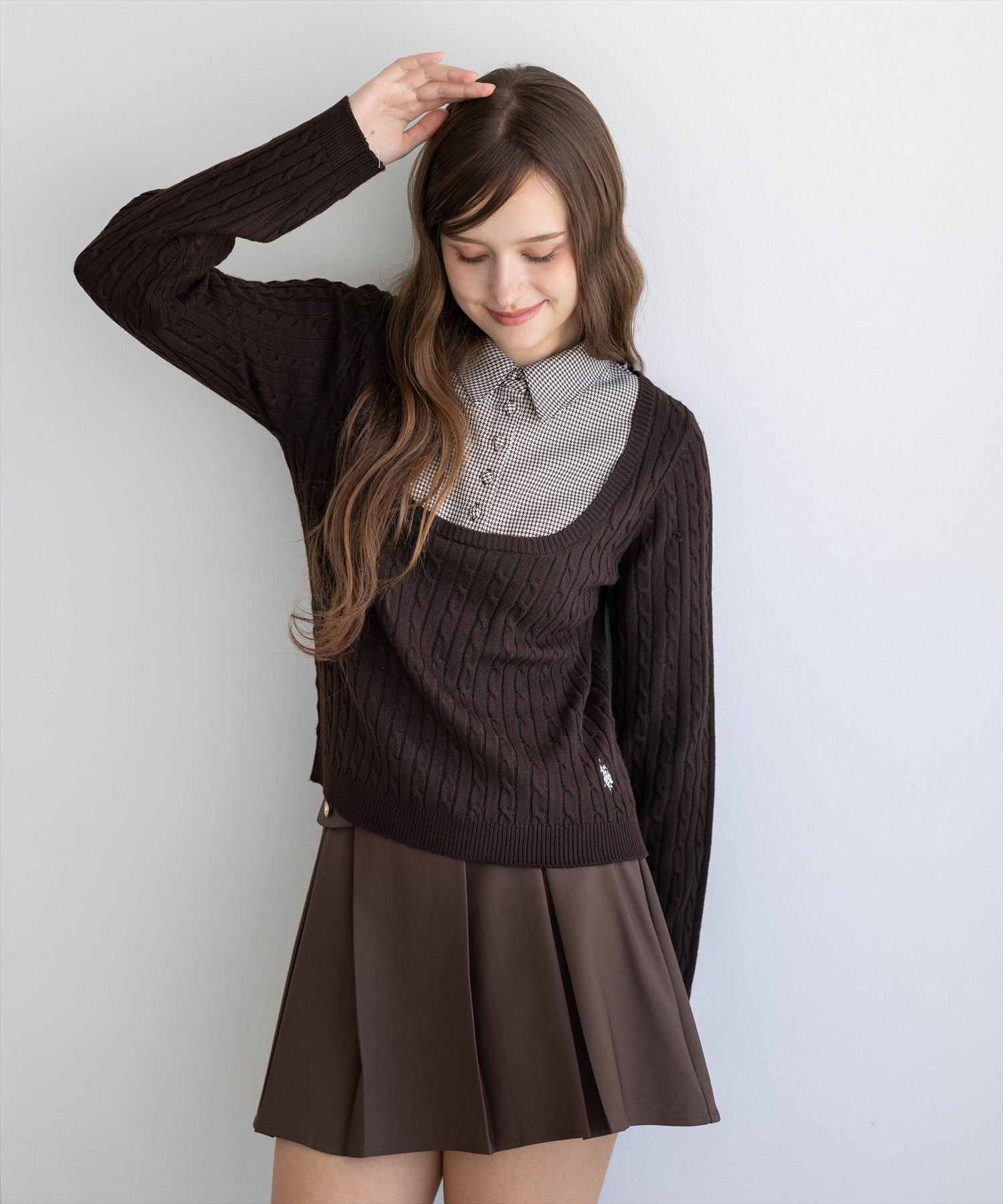 U.S. POLO ASSN. 千鳥柄シャツドッキングケーブルニットトップス