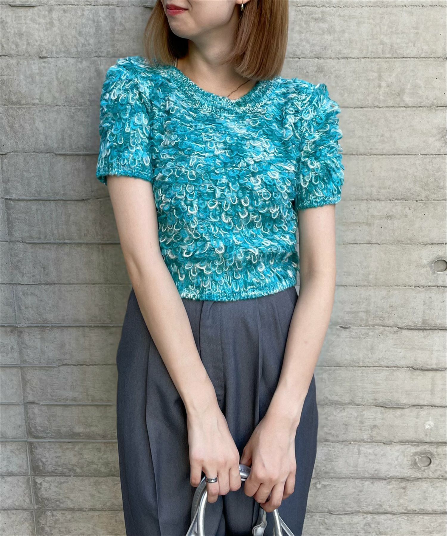 アドーア　緑　グリーン　リブ　ニット　半袖　コットン　綿　アセテート クラネ CLANE OVER HALF SLEEVE KNIT TOPS （BLACK） -靴