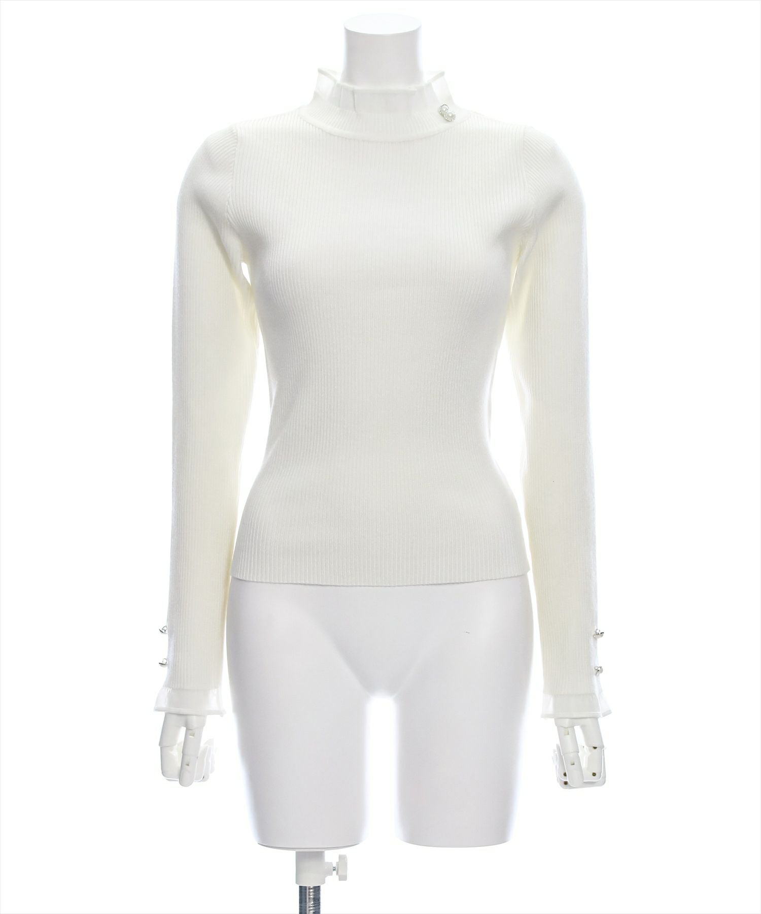 Shida フリルネック長袖ホワイトトップス clear シアーフリルネック長袖ニットトップス[CL8385] | レディース