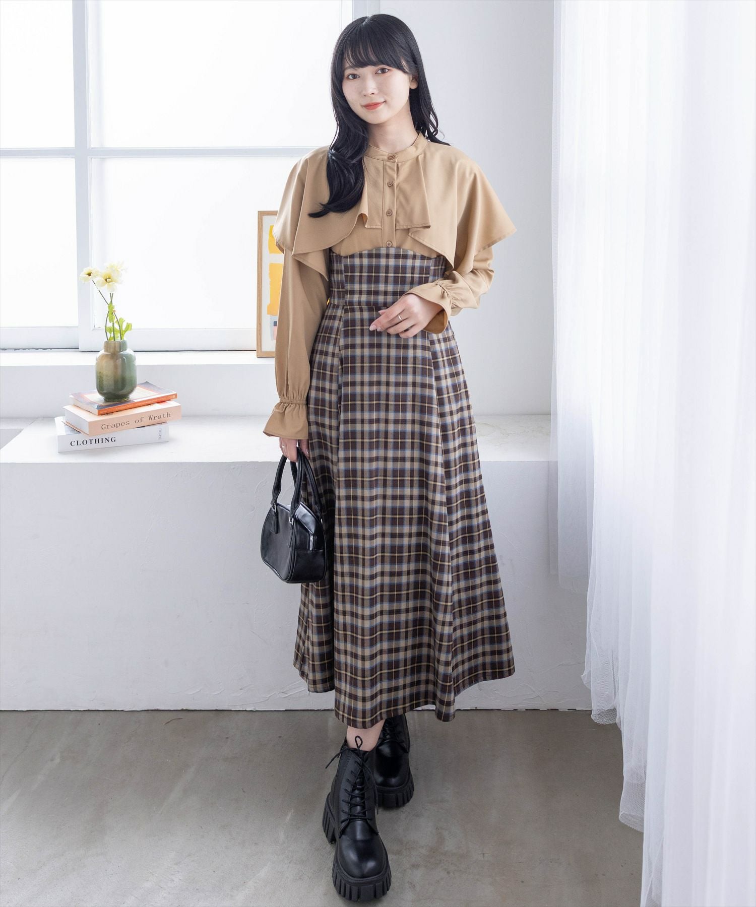 clear ケープ風チェック柄ドッキングフレアロングワンピース[CL8815