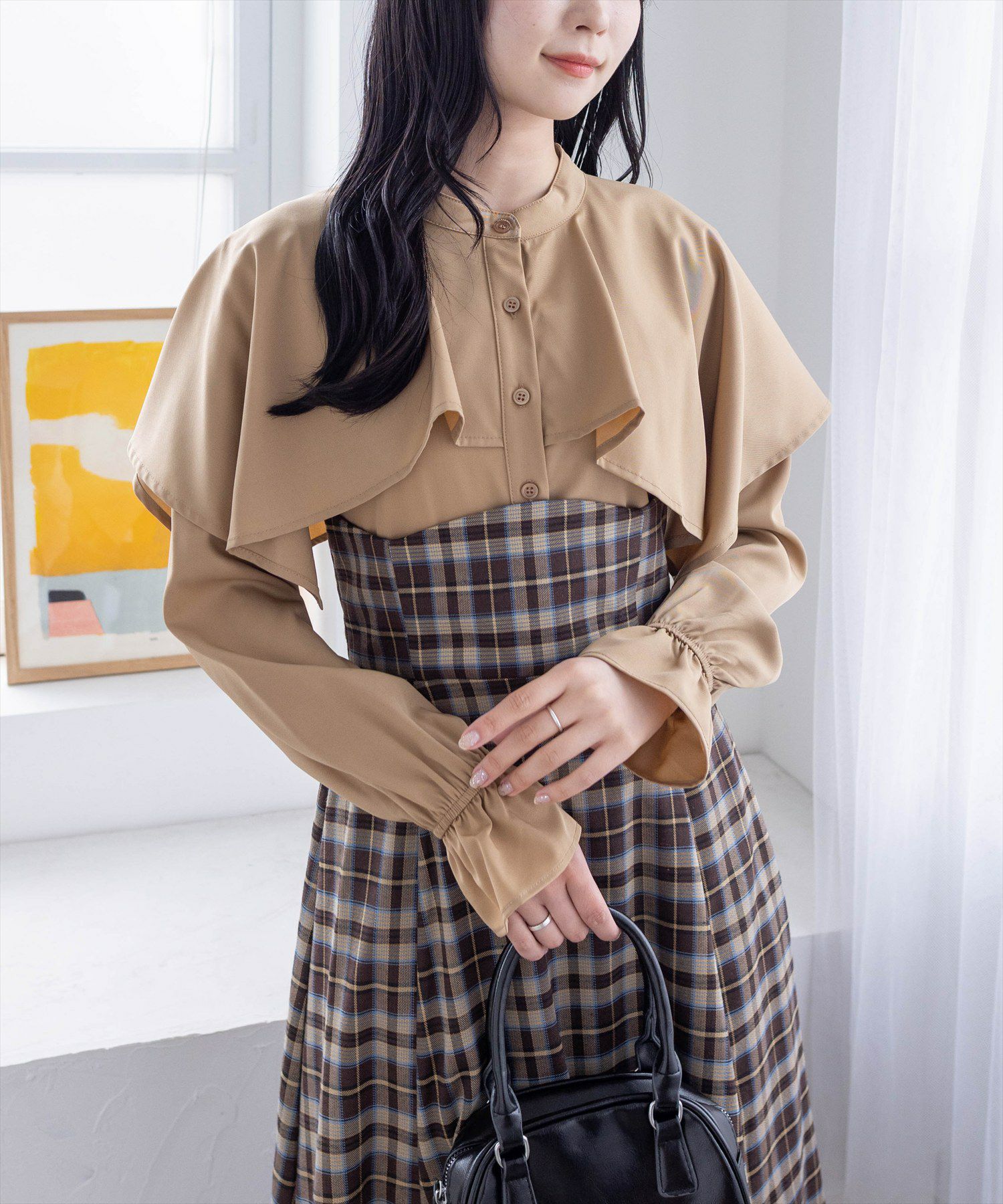 clear ケープ風チェック柄ドッキングフレアロングワンピース[CL8815