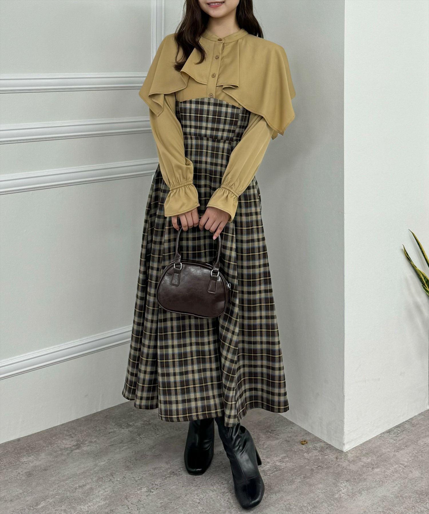 clear ケープ風チェック柄ドッキングフレアロングワンピース[CL8815