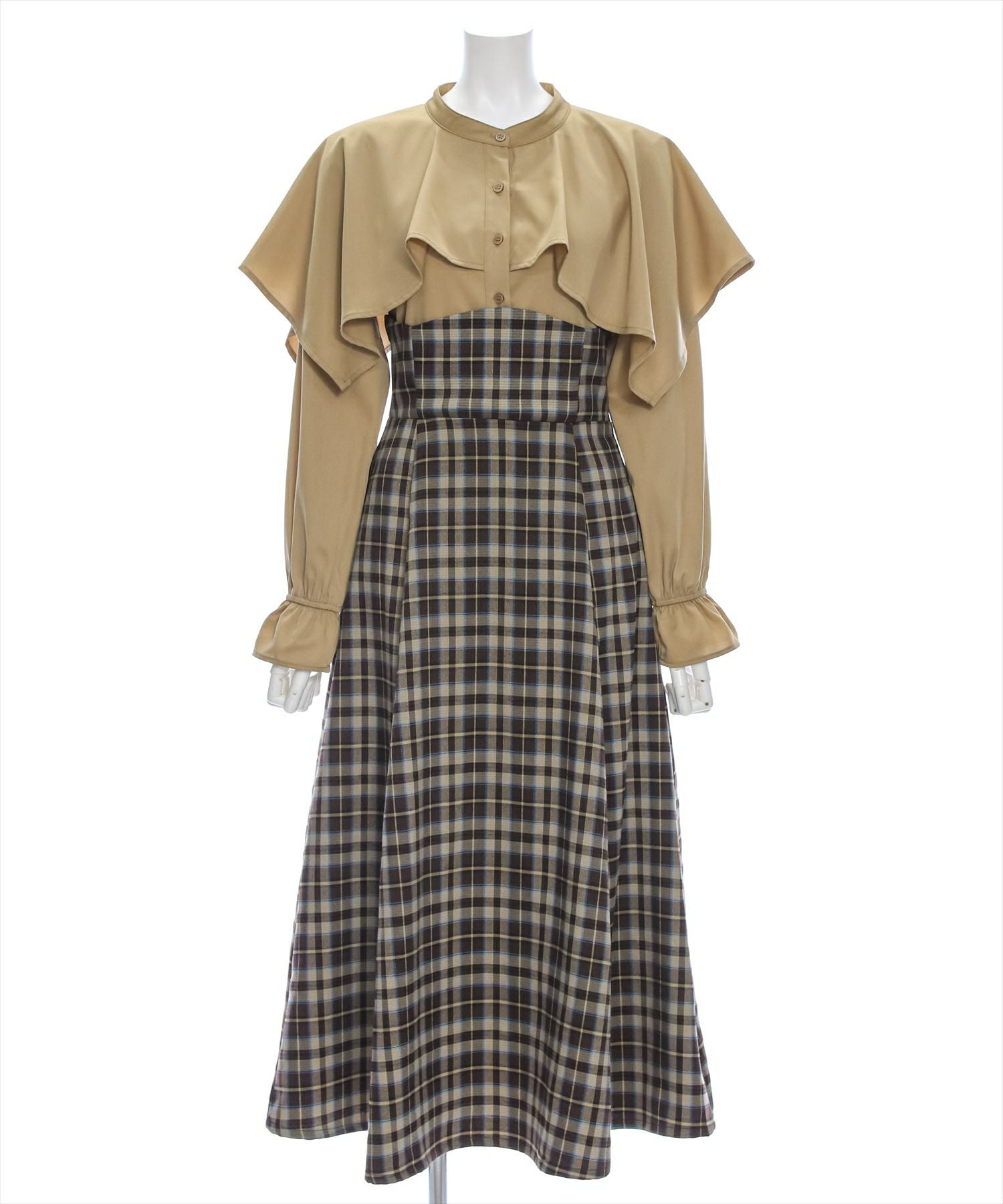 clear ケープ風チェック柄ドッキングフレアロングワンピース[CL8815