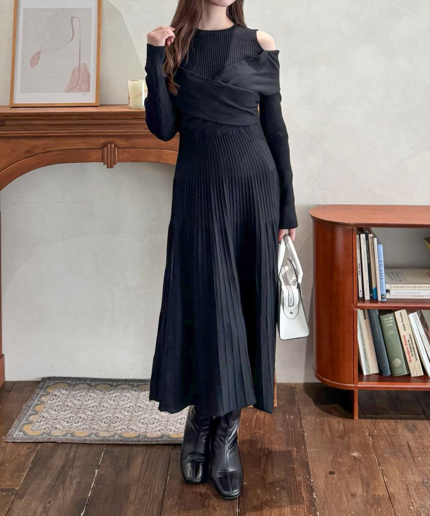 clear オープンショルダーフレアロングニットワンピース[CL8820