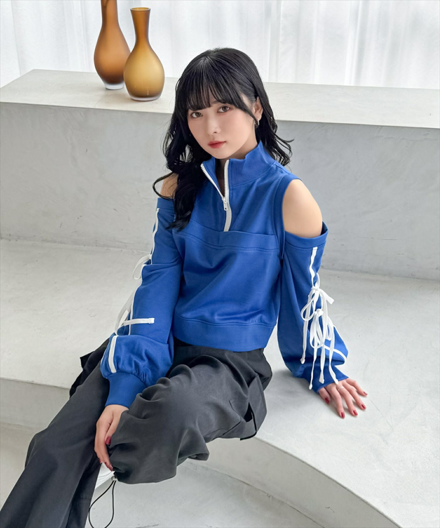 clear 袖リボンオープンショルダー裏毛スウェットトップス[CL8914