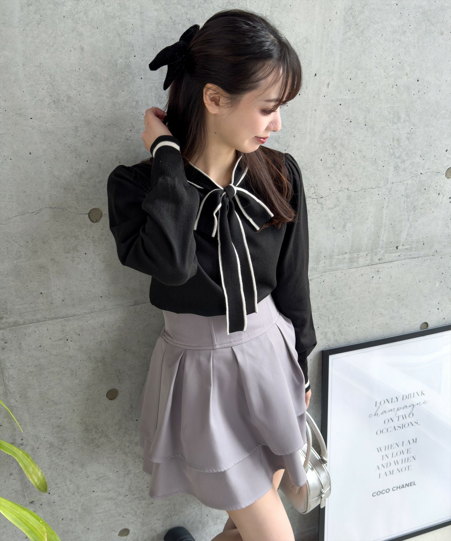 out       丸太の上のかわいいおうち¨̮♡︎ CLEAR BASIC 配色ボウタイニットトップス[CL8978] | レディース