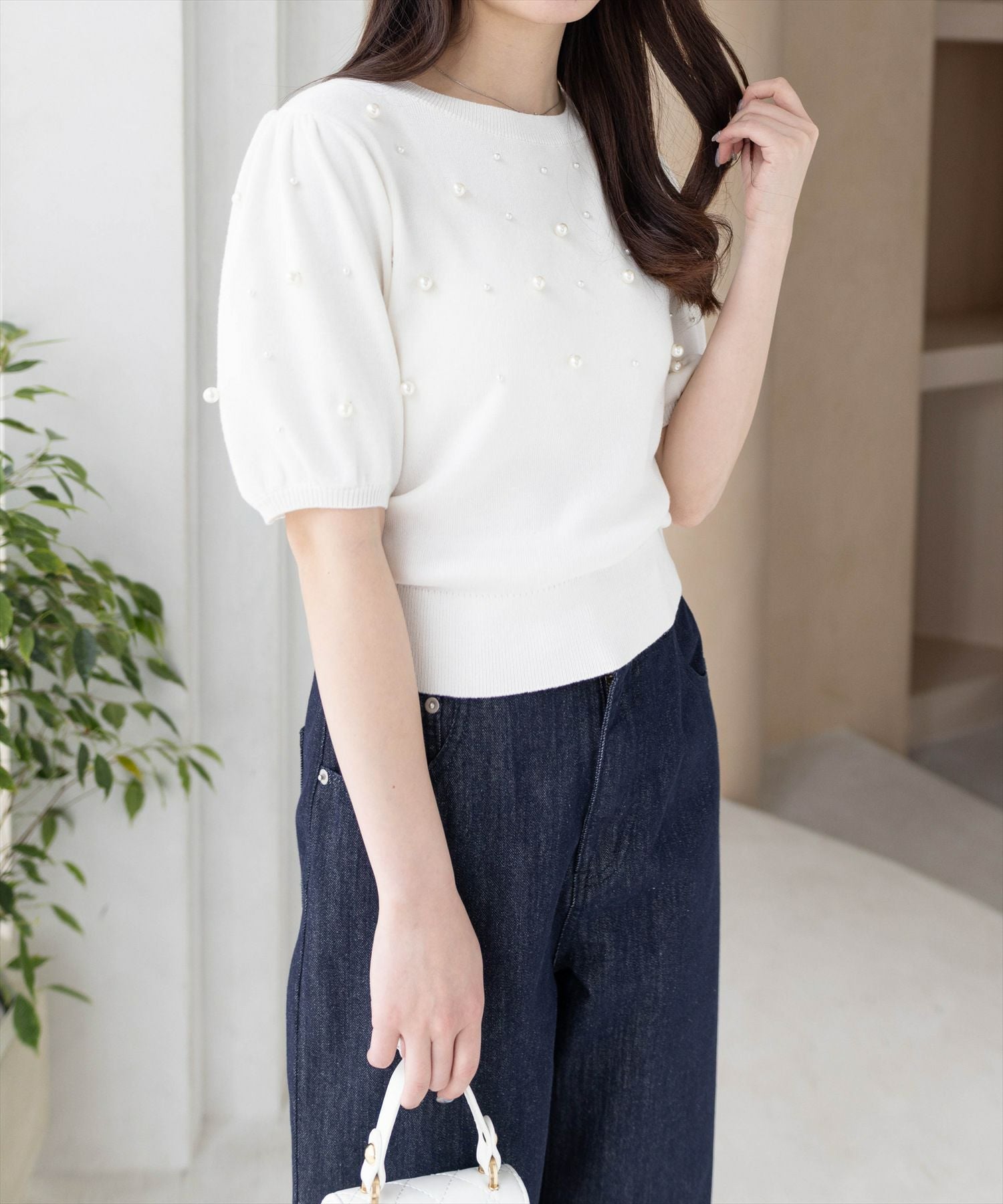 CLEAR BASIC パール付き半袖ニットトップス[CL9139] | レディース