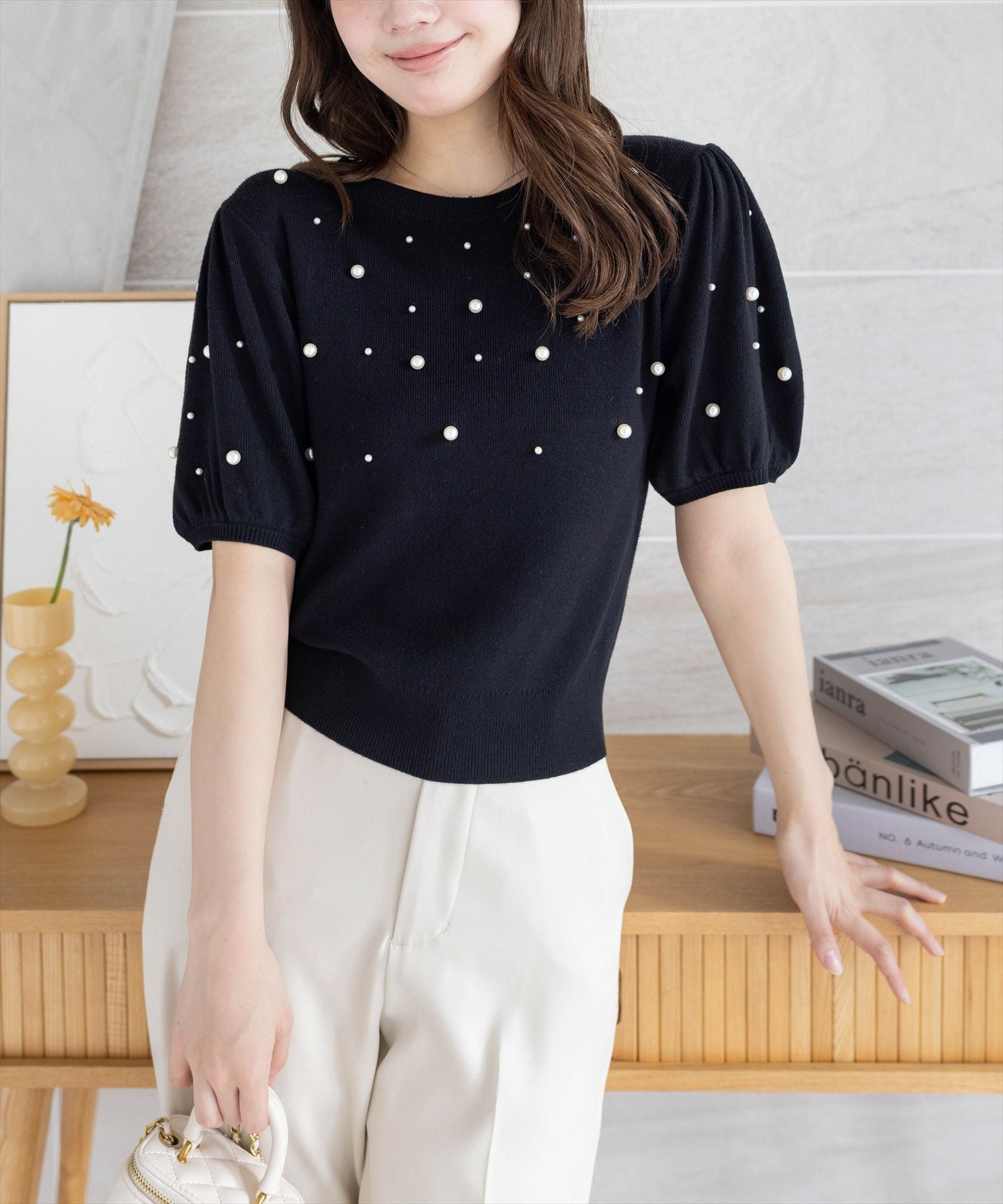CLEAR BASIC パール付き半袖ニットトップス[CL9139] | レディース