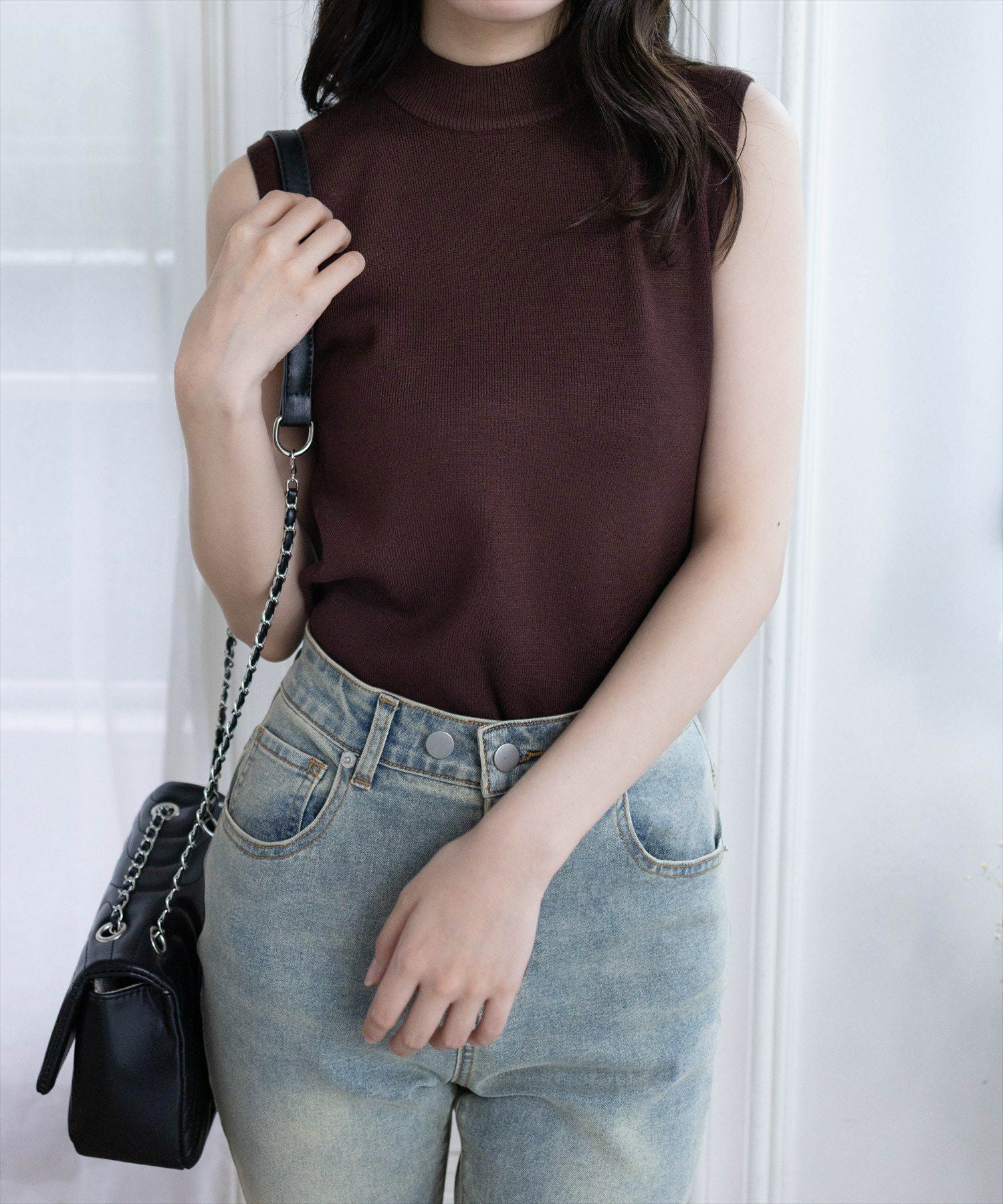 レモンモチーフノースリニット CLEAR BASIC ミラノリブノースリーブニットトップス[CL9111
