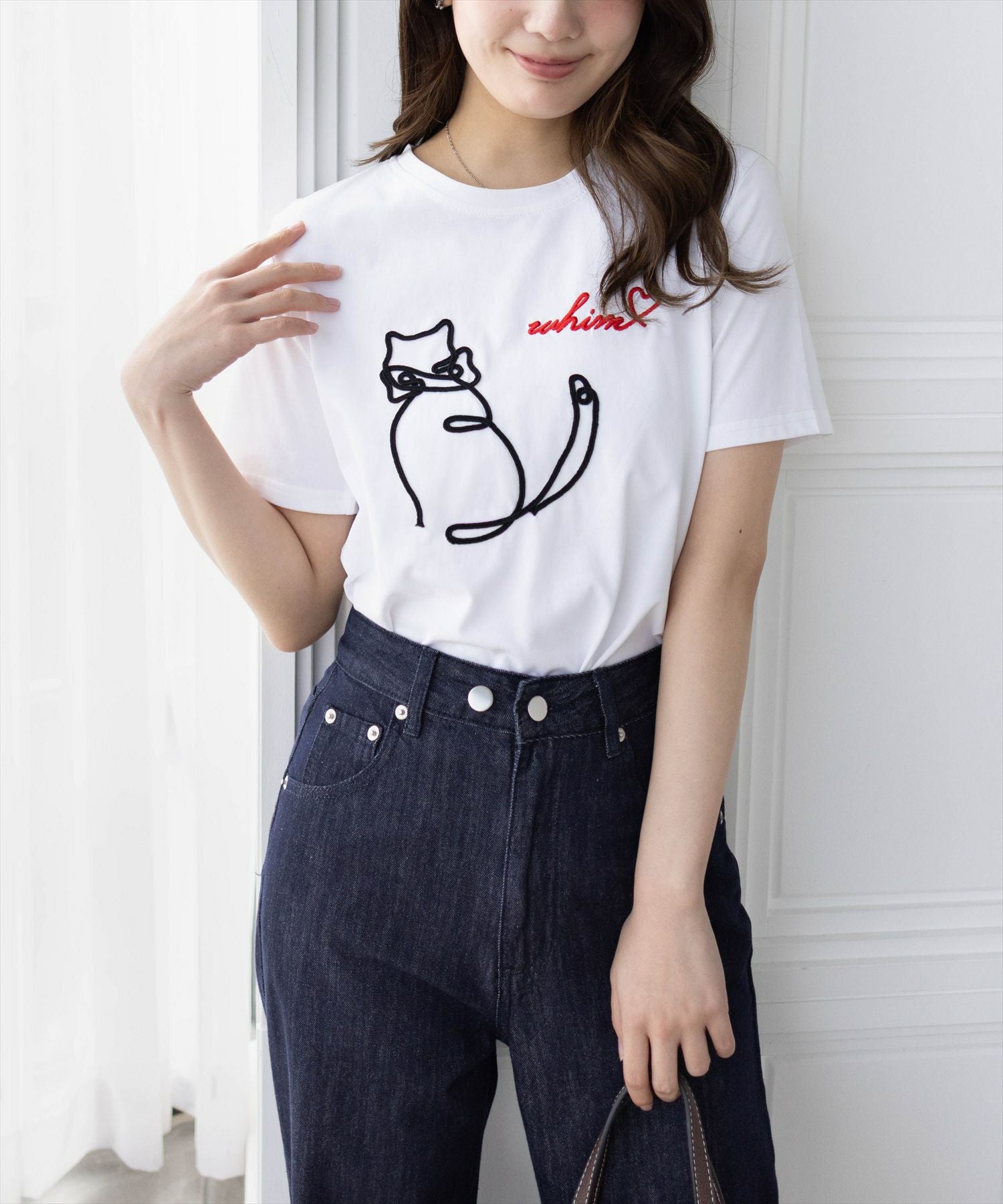 CLEAR BASIC コード刺繍猫Tシャツ[CL9152] | レディースファッション
