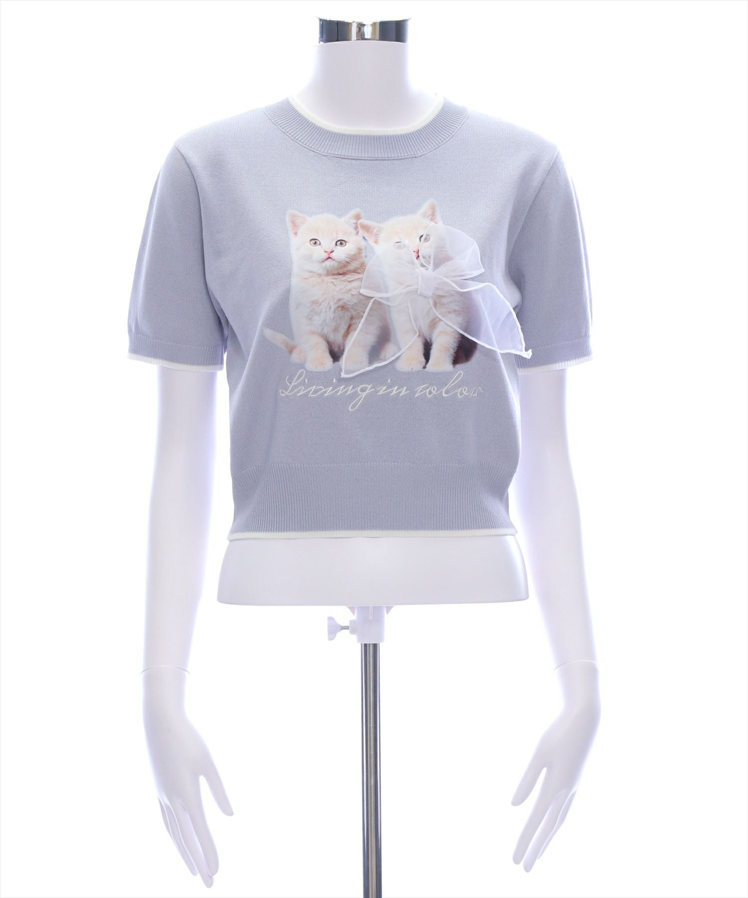 clear ネコプリントリボン半袖ニットトップス[CL9234] | レディース