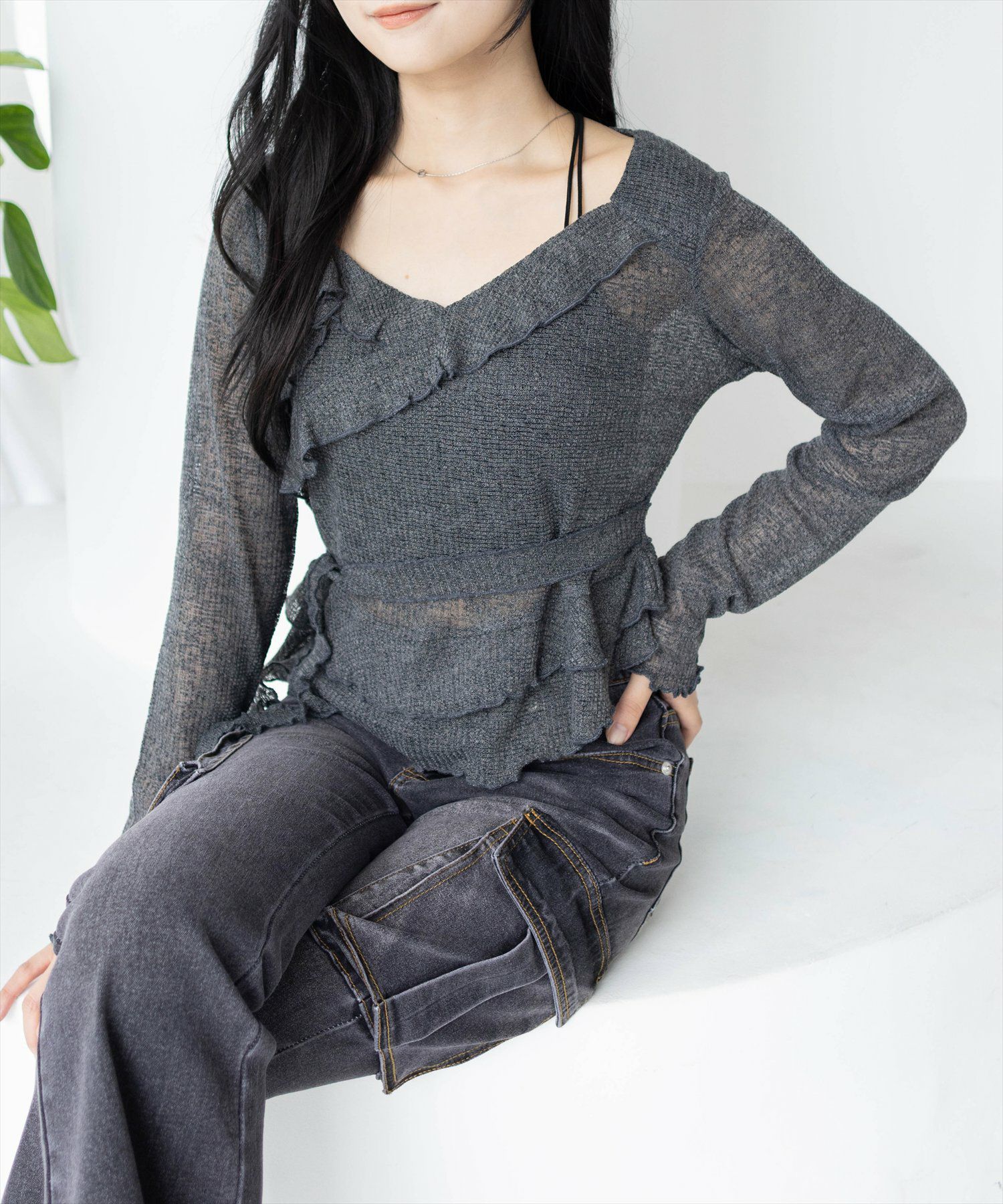 CLEAR BASIC カシュクール風メロウフリルニットトップス[CL9340