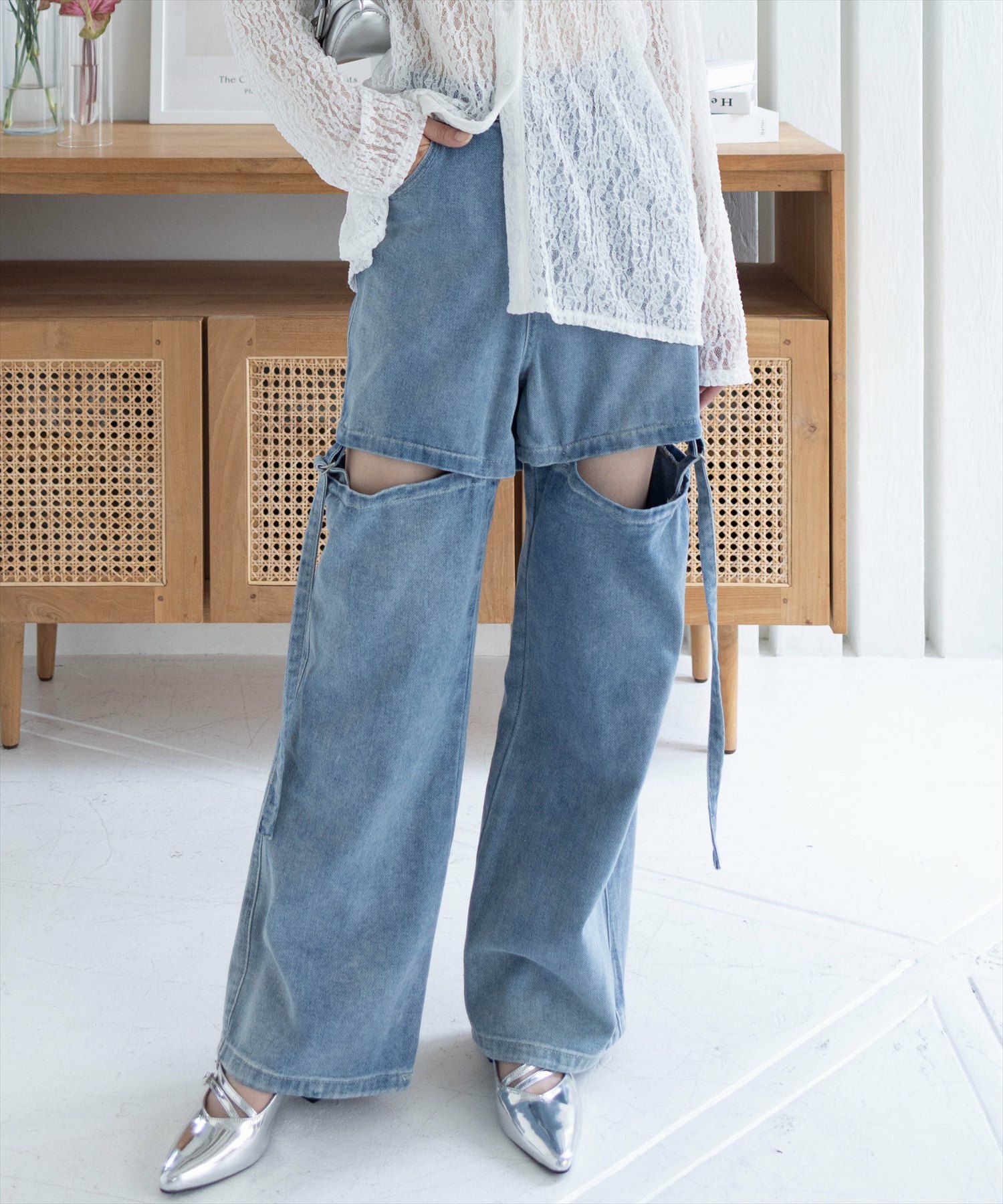 緊急値下げ　ゴーシュ　ブルー デニム ワイドパンツ Oggi6月号掲載／接触冷感】23区DENIM サマー タック