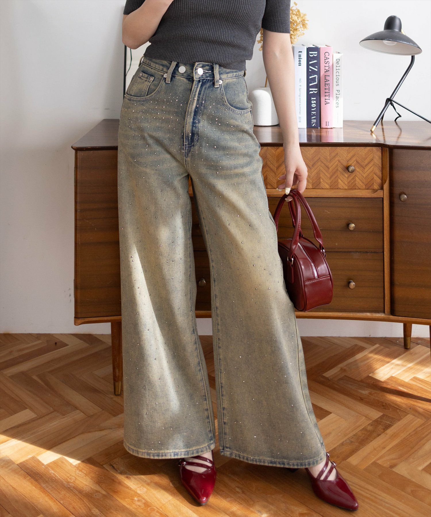 clear≪再入荷≫ラインストーンワイドデニムパンツ[CL8320