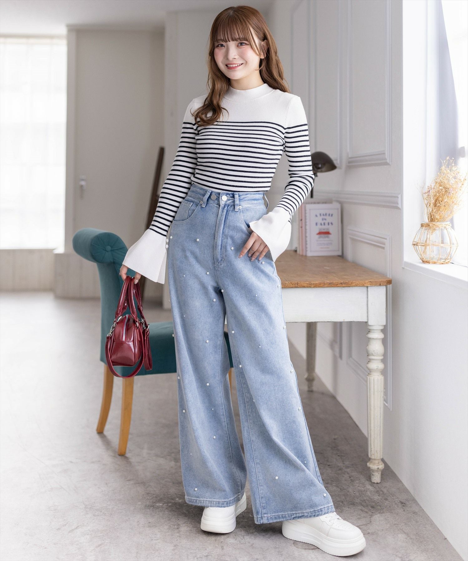 パール装飾 ワイドデニムパンツ clear パールワイドデニムパンツ[CL8534] | レディースファッション