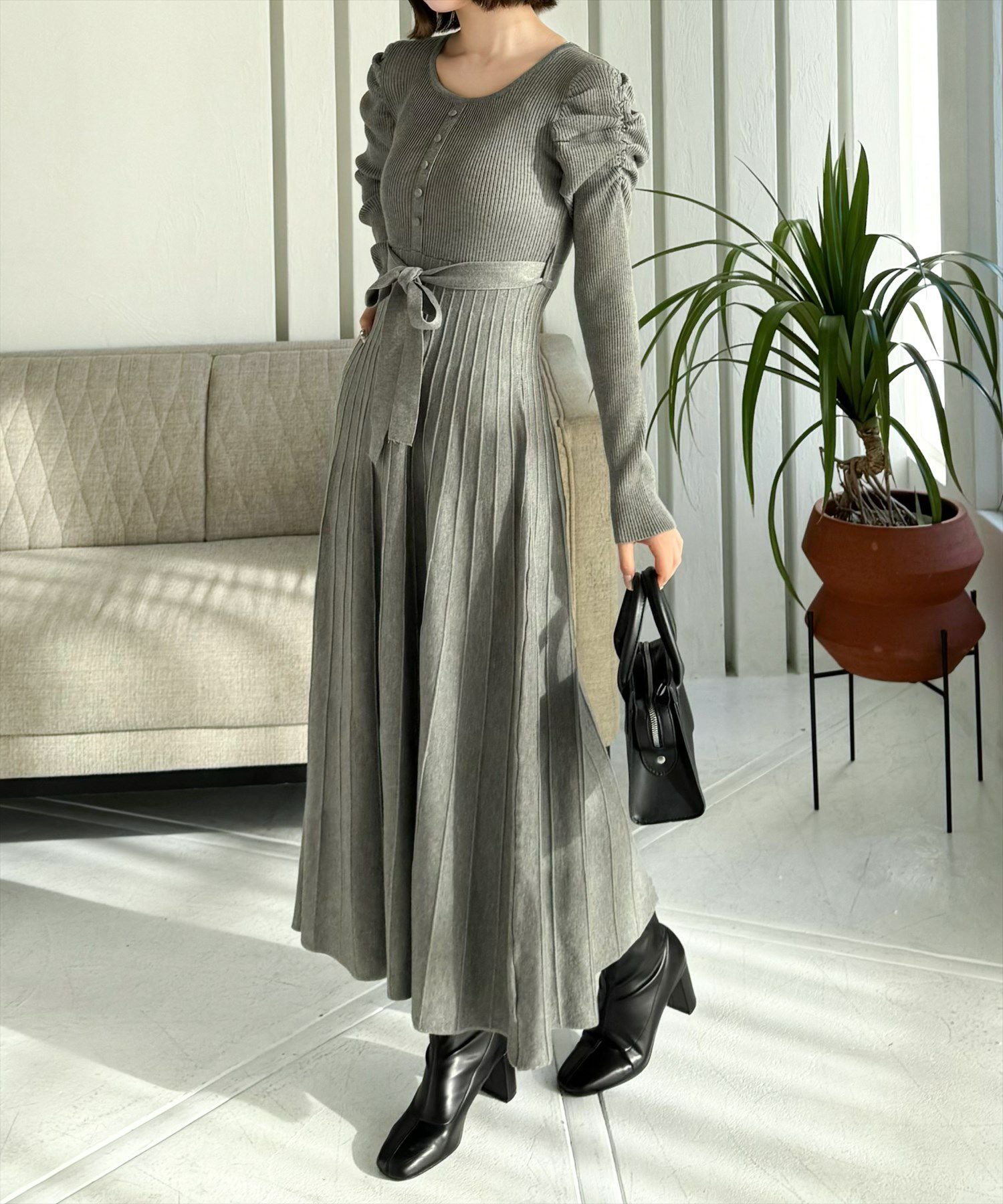 clear ウエストリボンニットプリーツワンピース[CL8672] | レディース