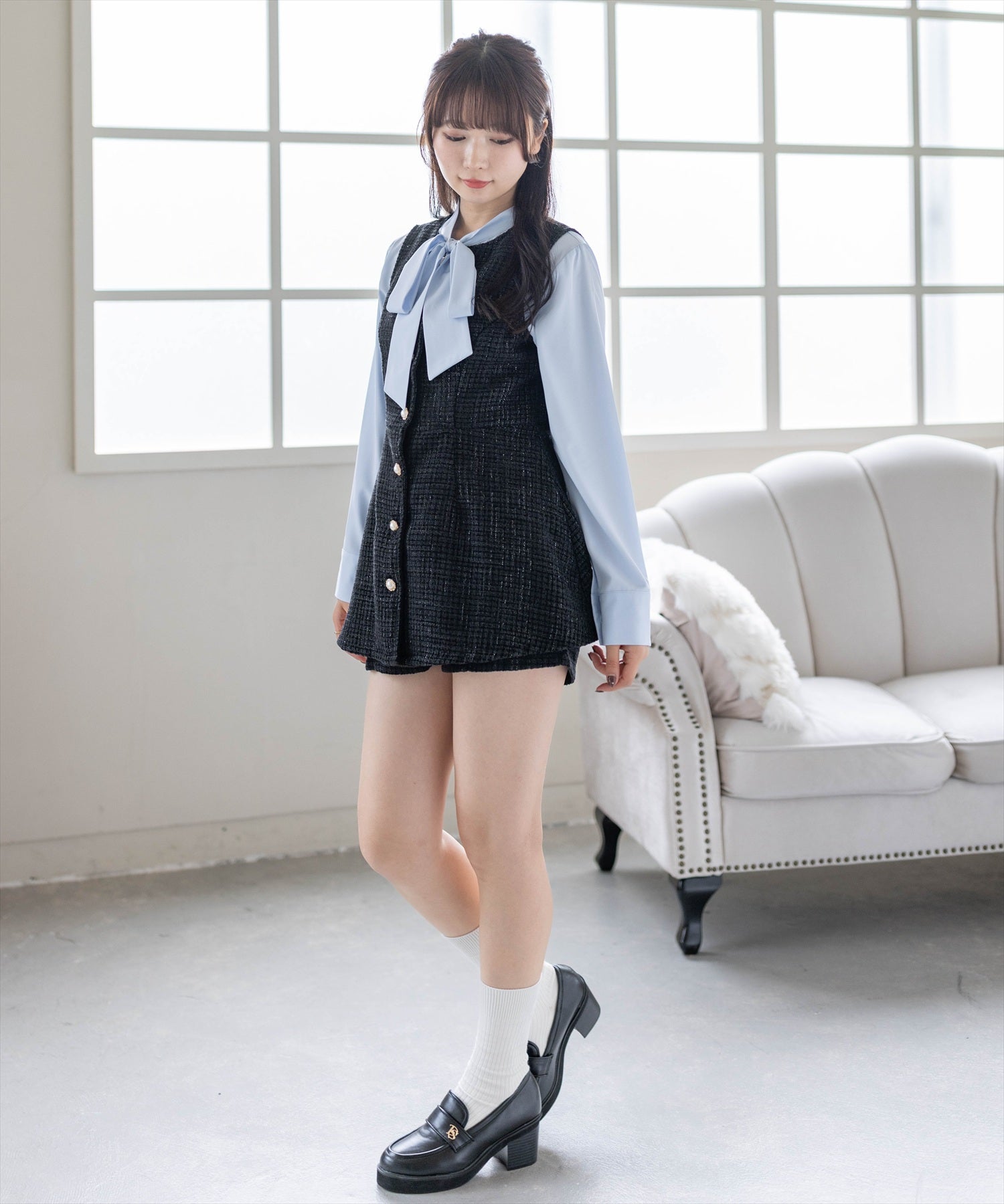 clear フロントボタンツイードチュニック&ショートパンツセット[CL8886