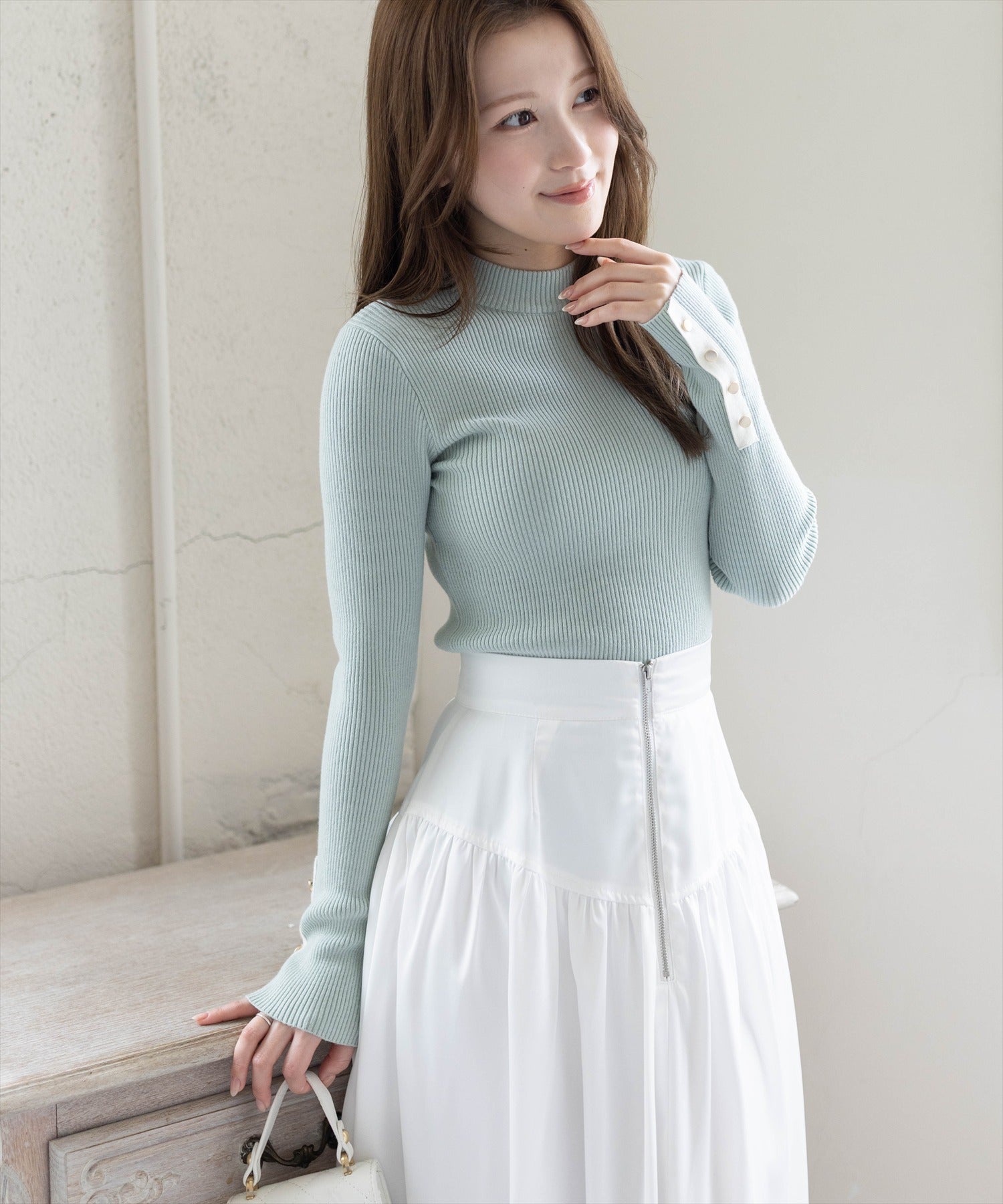 CLEAR BASIC≪再入荷≫袖配色ボタンリブニットトップス[CL8929