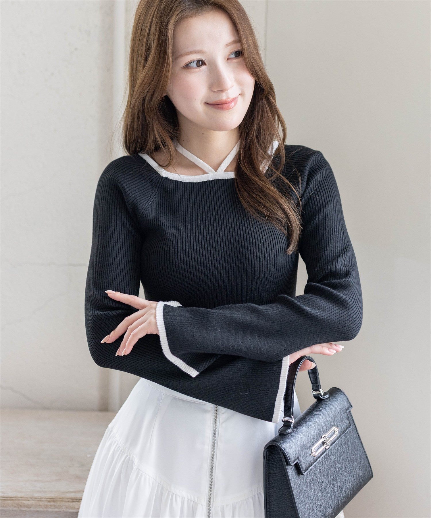 CLEAR BASIC≪再入荷≫バックリボン配色フレアスリーブニットトップス