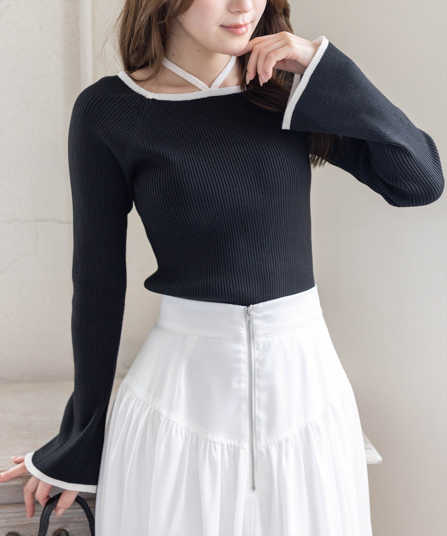CLEAR BASIC≪再入荷≫バックリボン配色フレアスリーブニットトップス