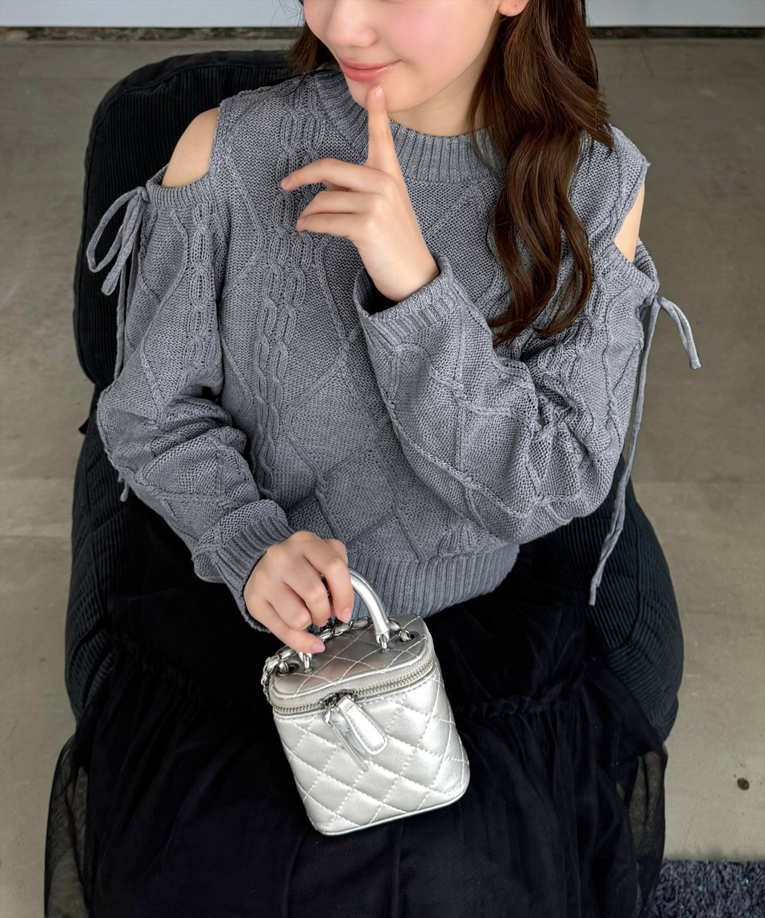 clear オープンショルダーケーブル編みニットトップス[CL8924