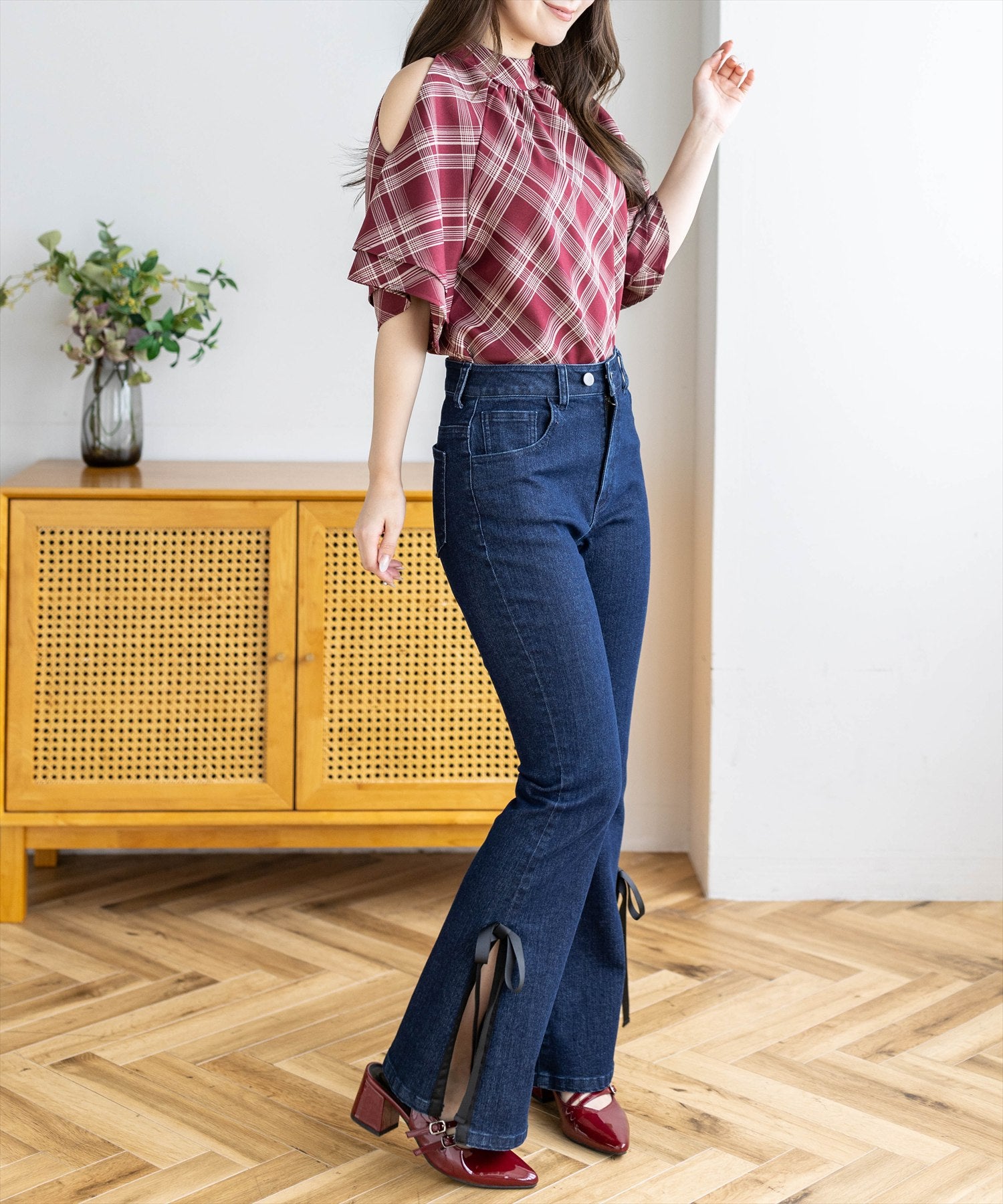 163cm/ボルドー×チェック着用