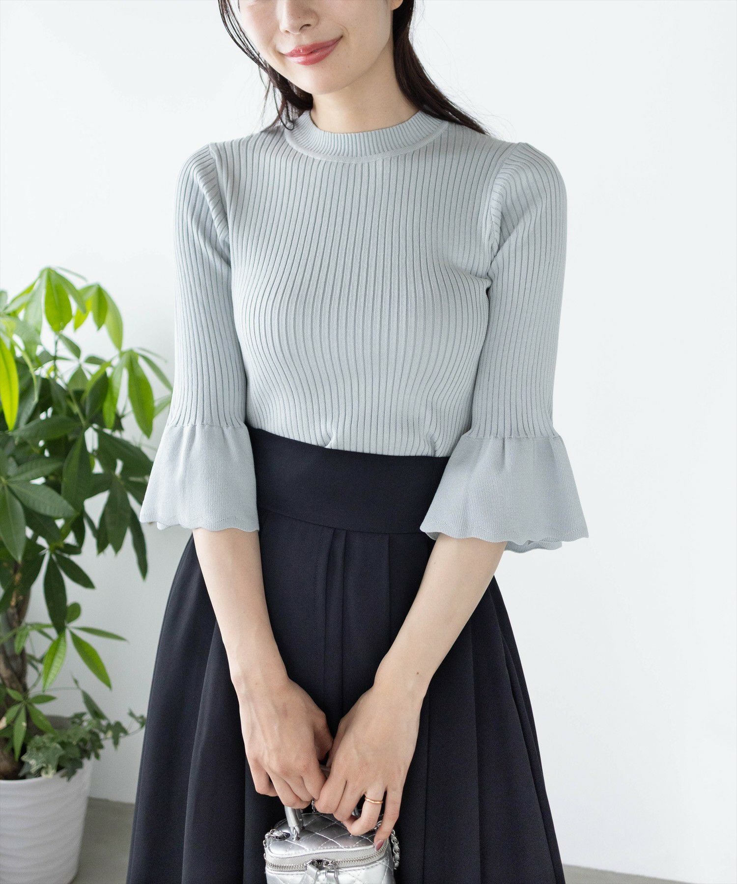 CLEAR BASIC≪再入荷≫五分袖スカラップニットトップス[CL9113