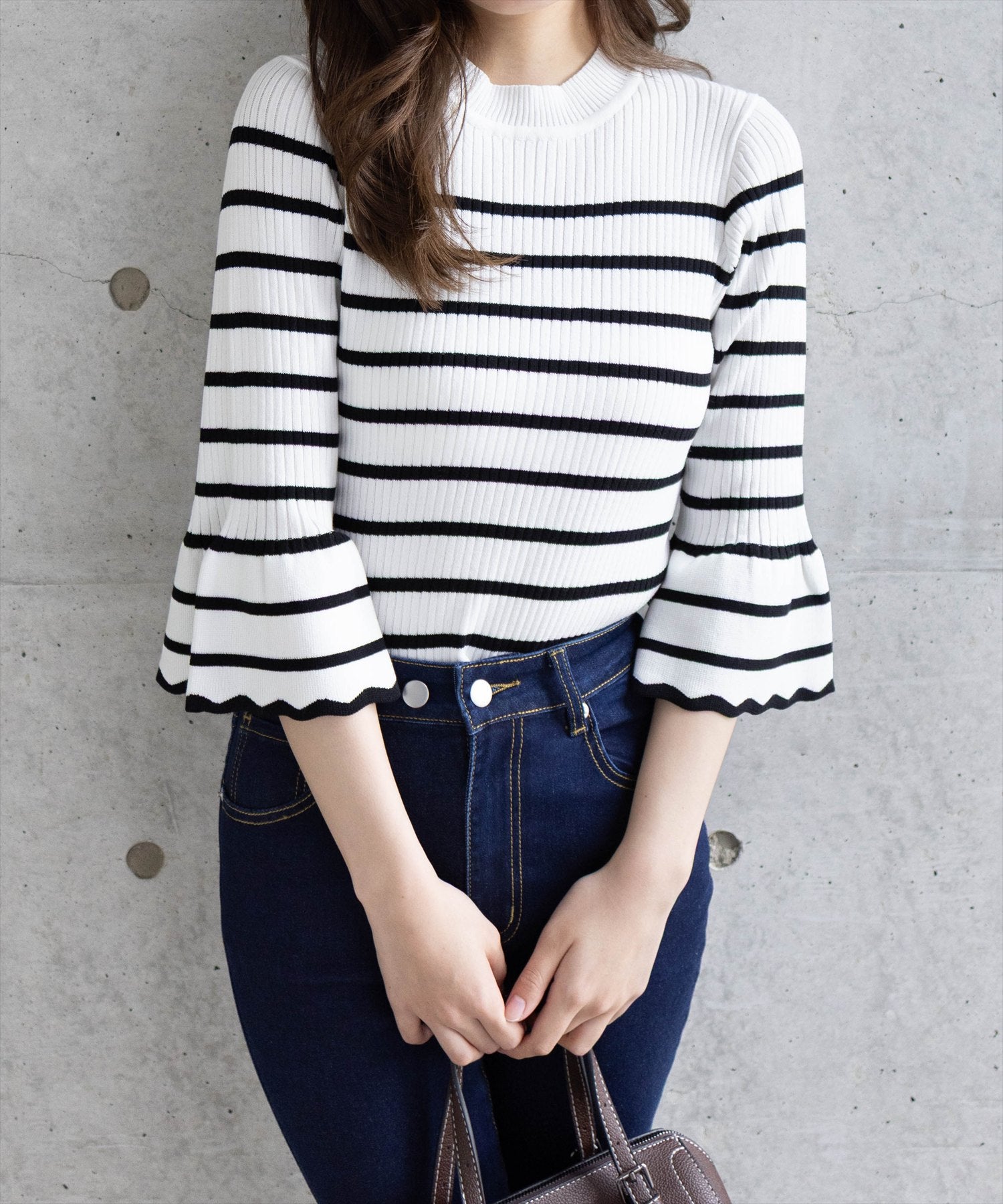 CLEAR BASIC≪再入荷≫五分袖スカラップニットトップス[CL9113