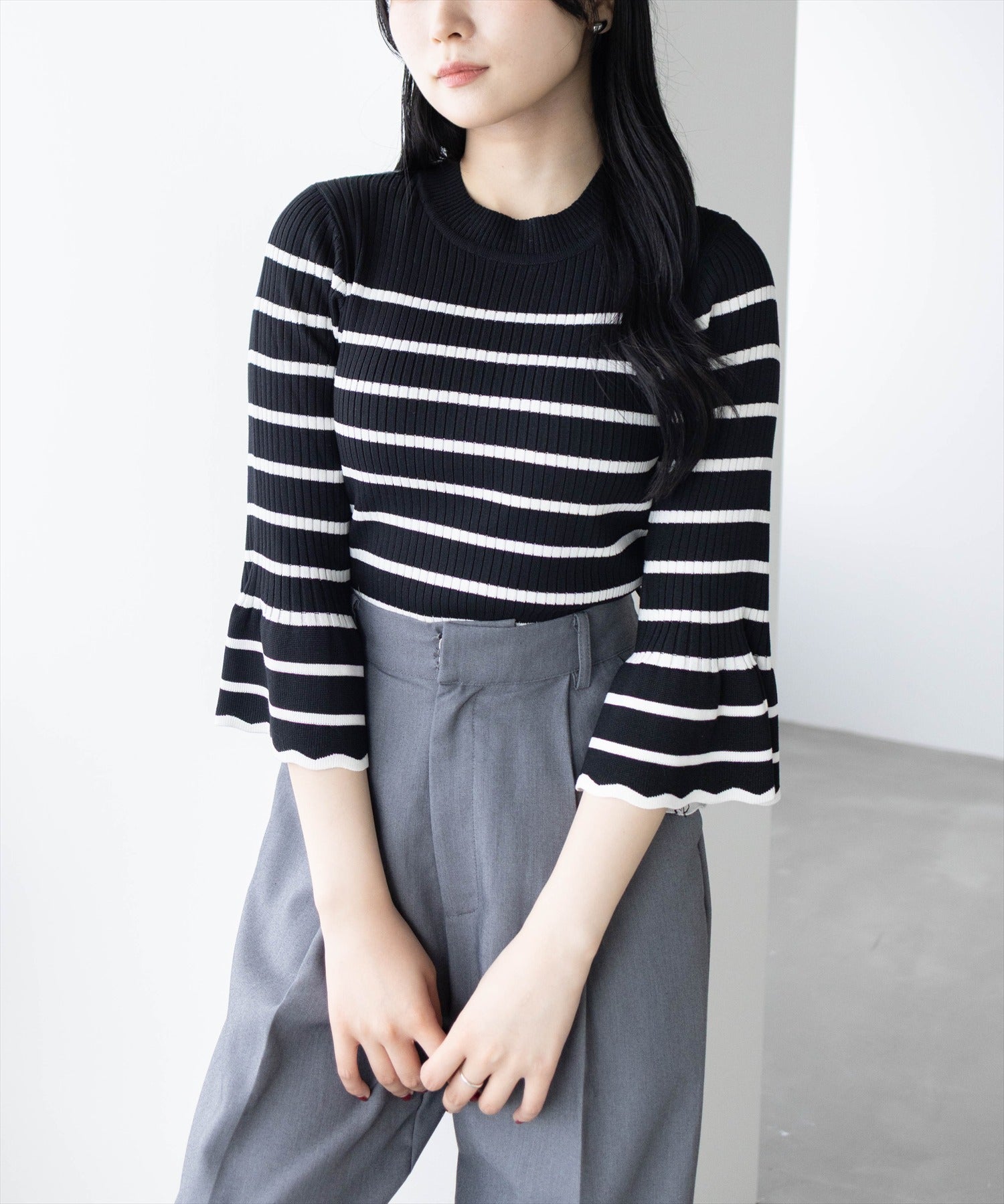 CLEAR BASIC≪再入荷≫五分袖スカラップニットトップス[CL9113