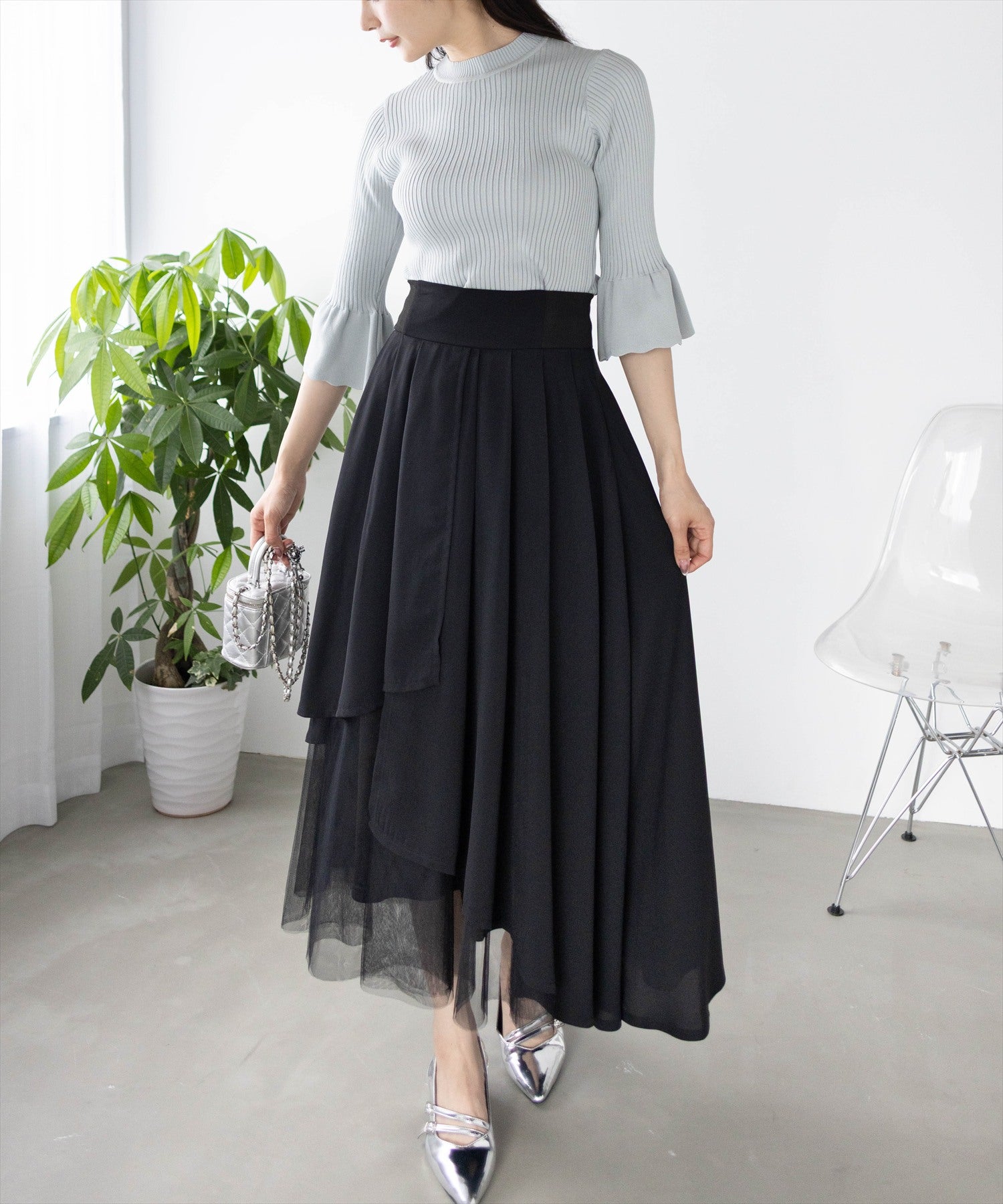 CLEAR BASIC≪再入荷≫五分袖スカラップニットトップス[CL9113