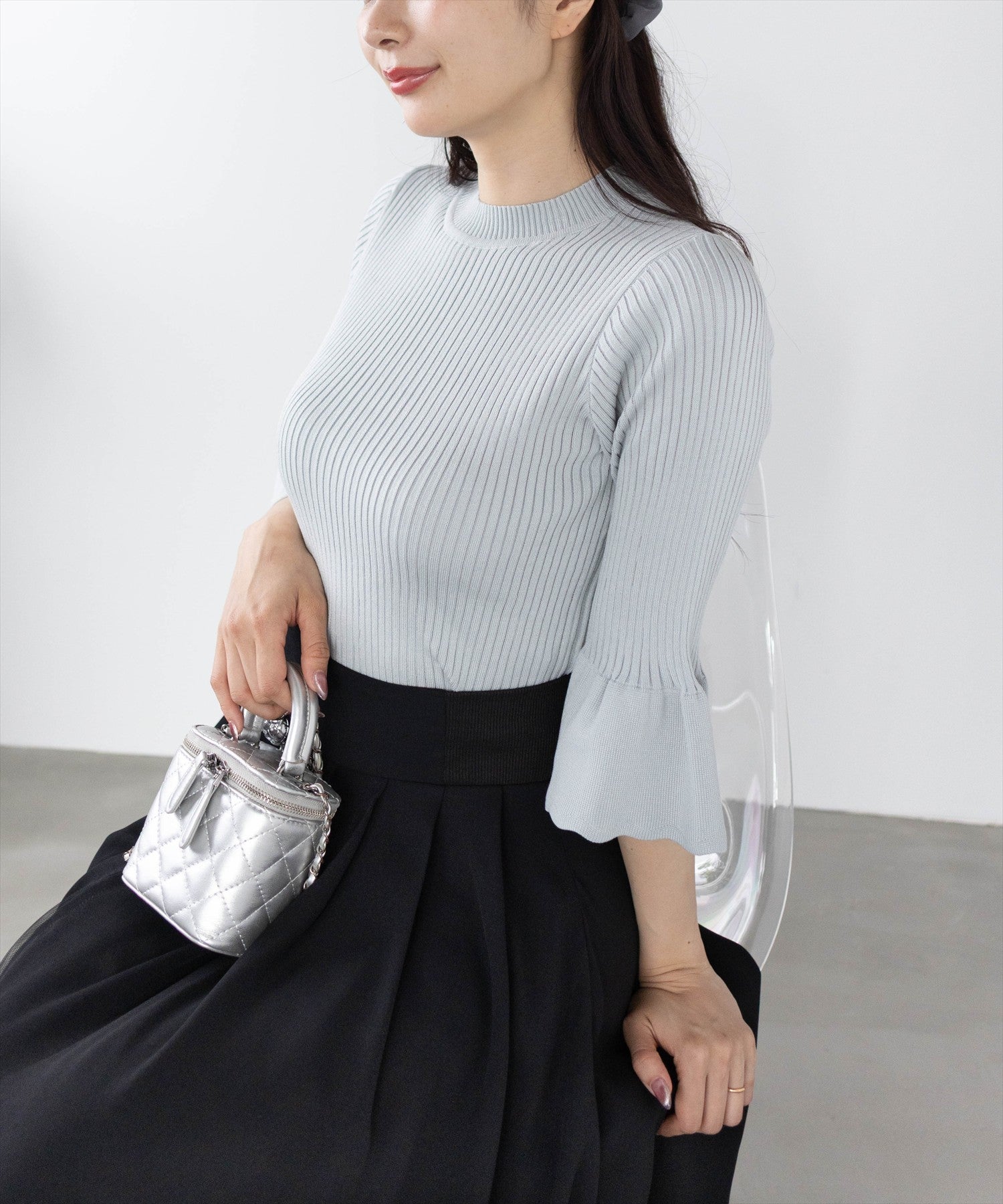 CLEAR BASIC≪再入荷≫五分袖スカラップニットトップス[CL9113