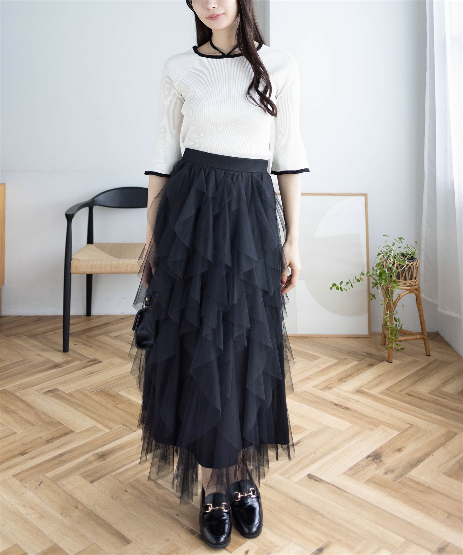 CLEAR BASIC≪再入荷≫バックリボン配色フレアスリーブ5分袖ニット