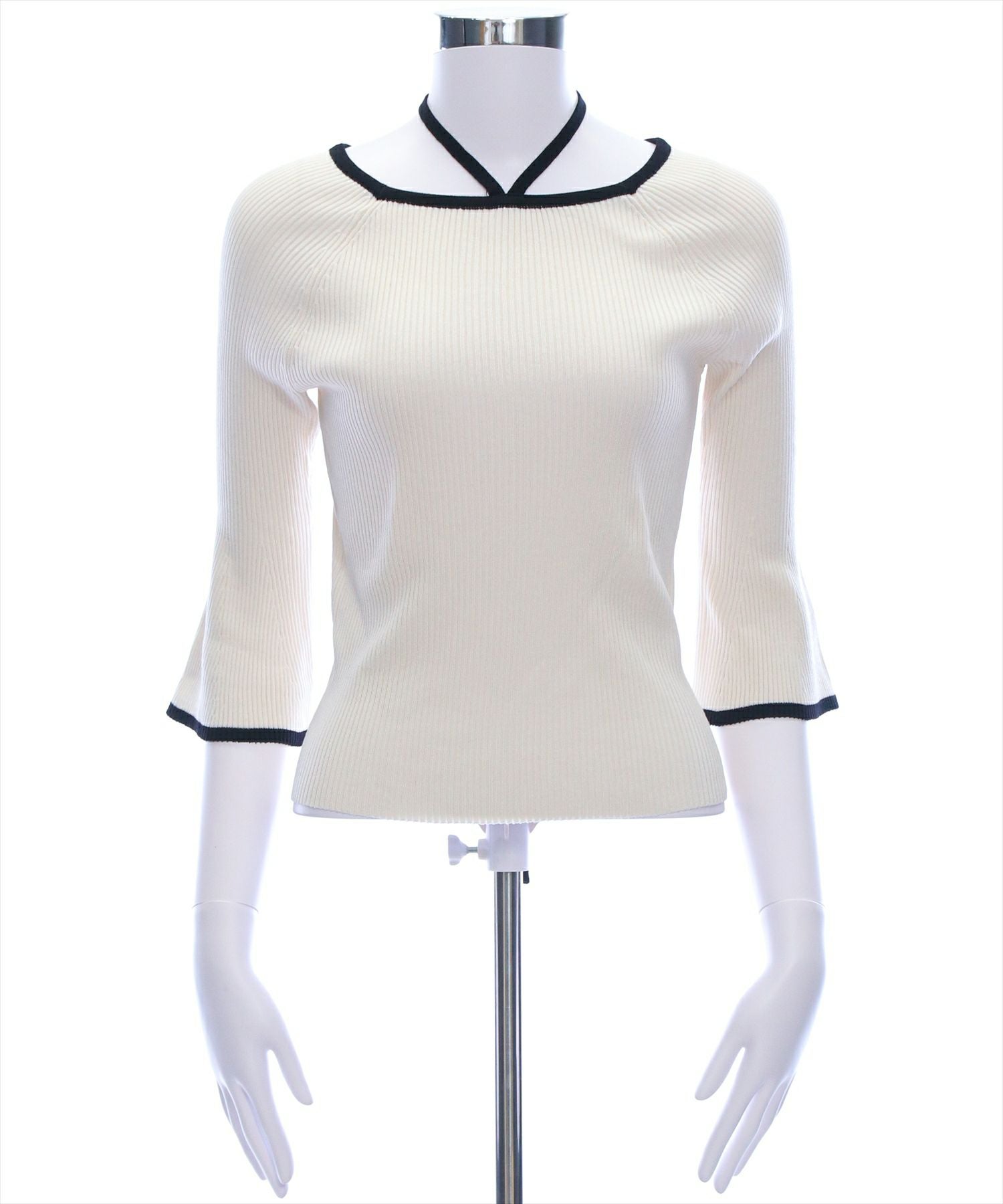 CLEAR BASIC≪再入荷≫バックリボン配色フレアスリーブ5分袖ニット