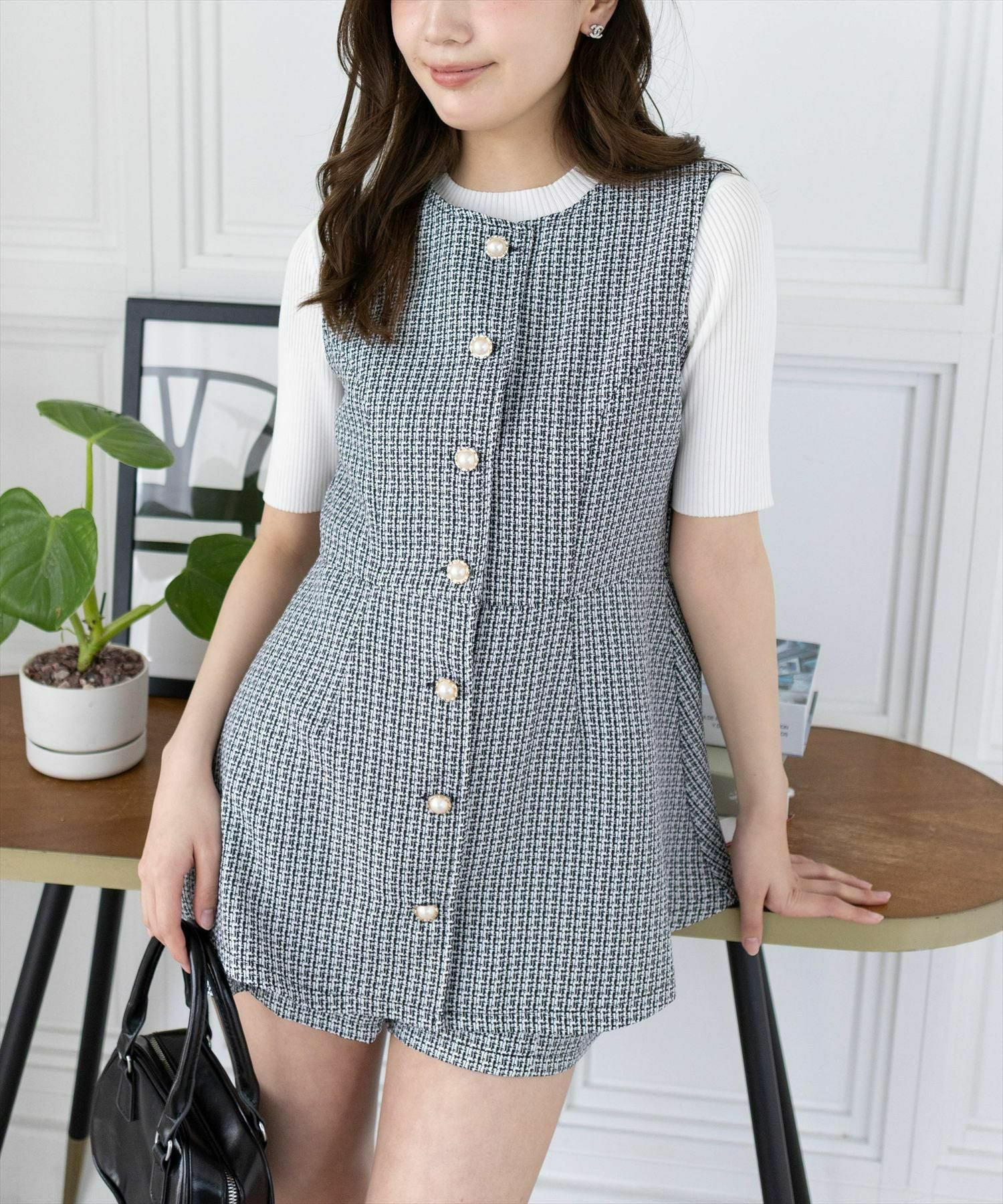 clear サマーツイードフロントボタンチュニック＆ショートパンツセット