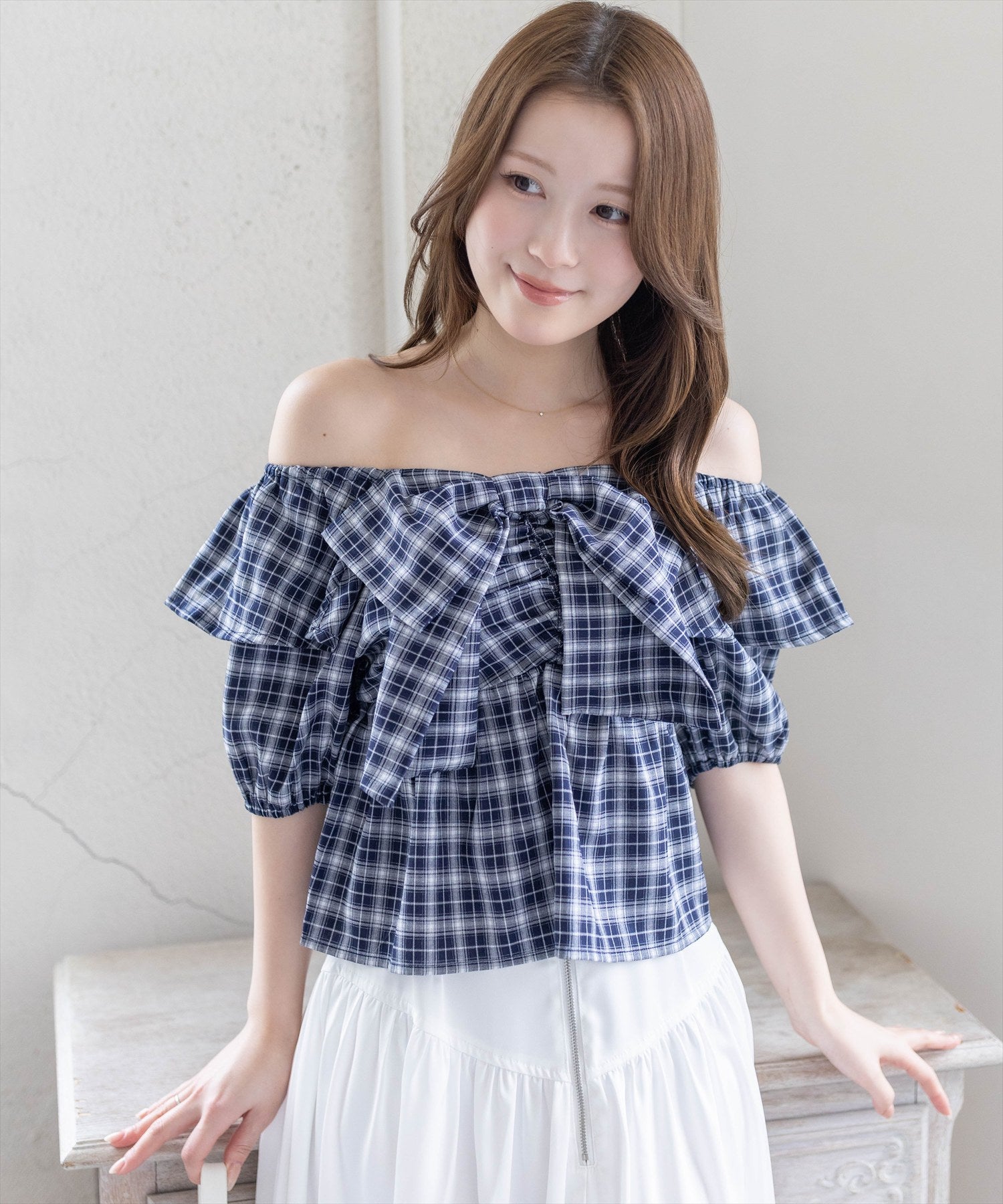 ビッグリボンチェック柄2way半袖ブラウス clear