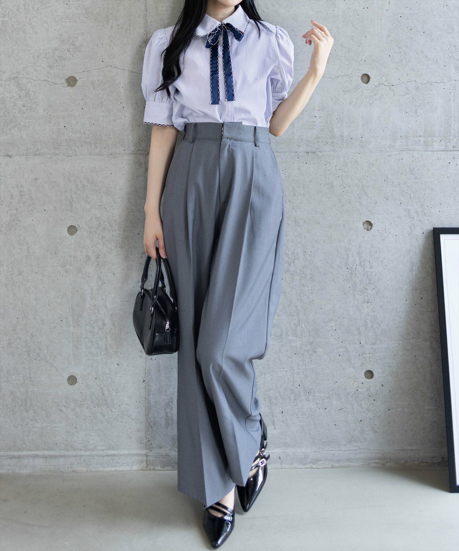 専用⭐️riko tokyo 綿菓子ブラウスグレー新品未使用 clear ピコレースリボン半袖ストライプブラウス[CL9251] | レディース