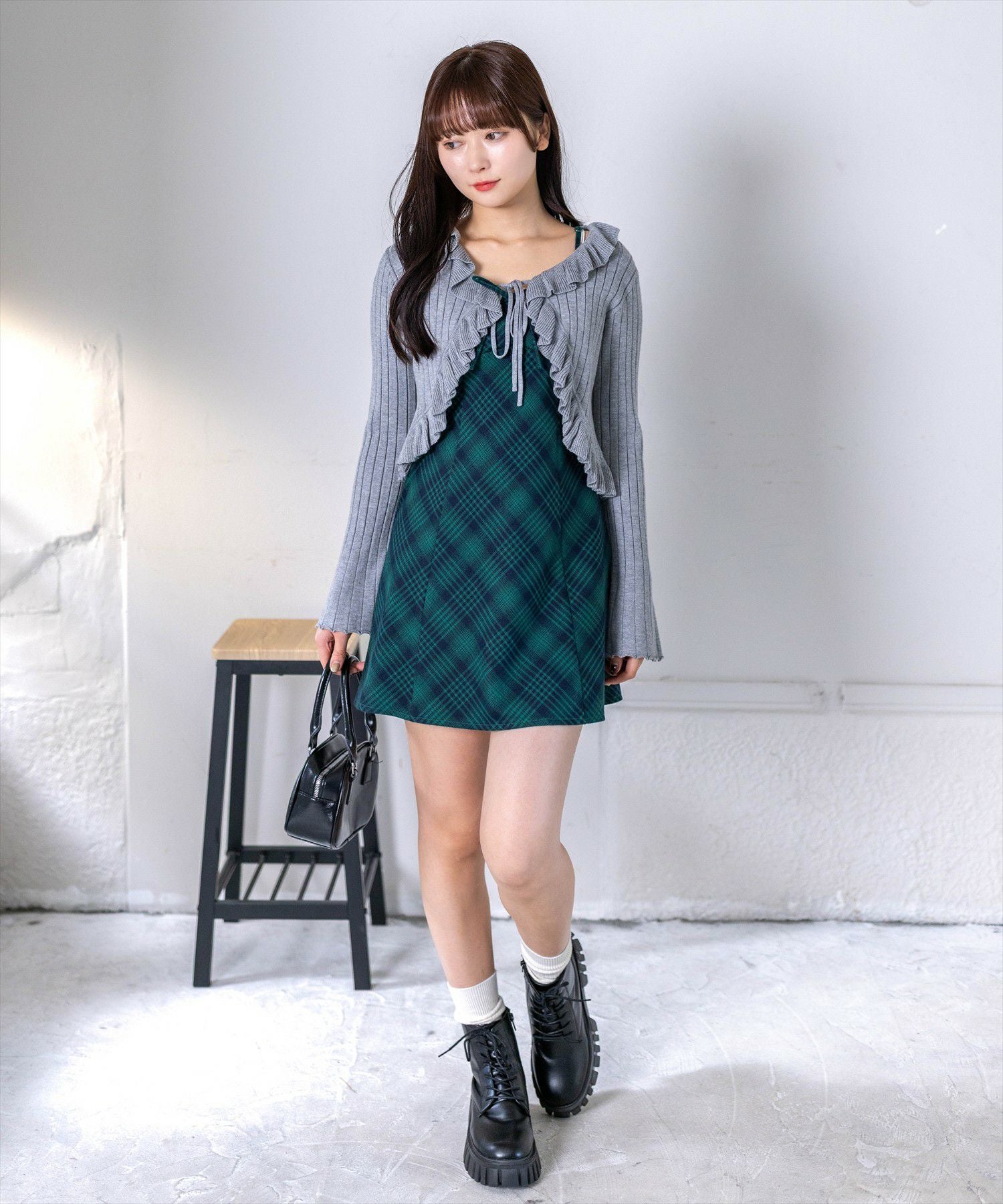 162cm/グリーン×チェック着用