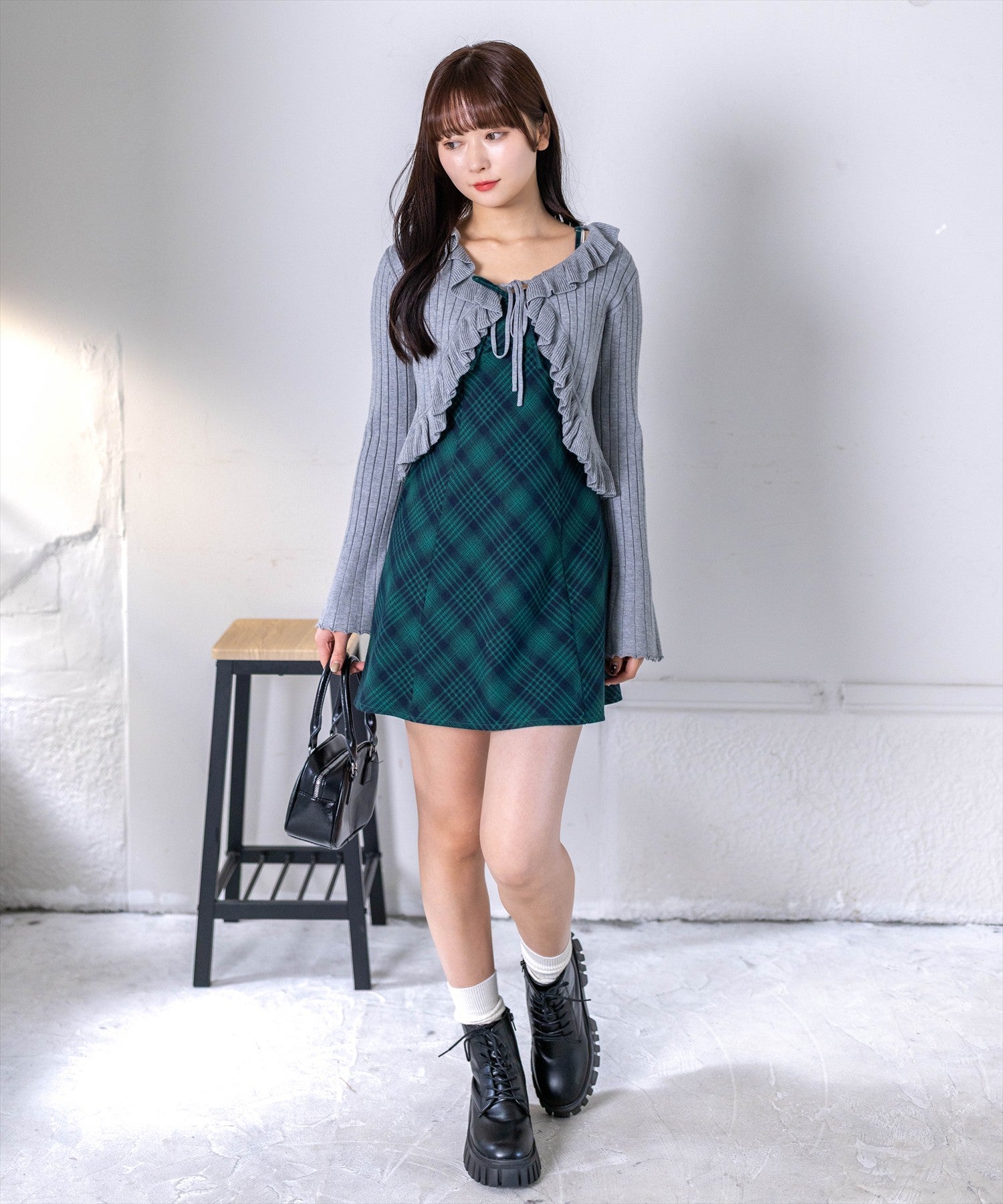 162cm/グリーン×チェック着用