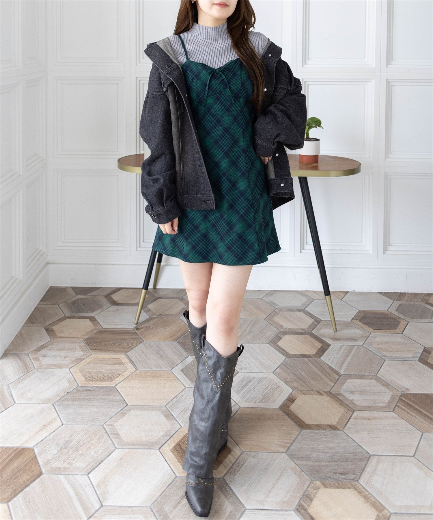 163cm/グリーン×チェック着用