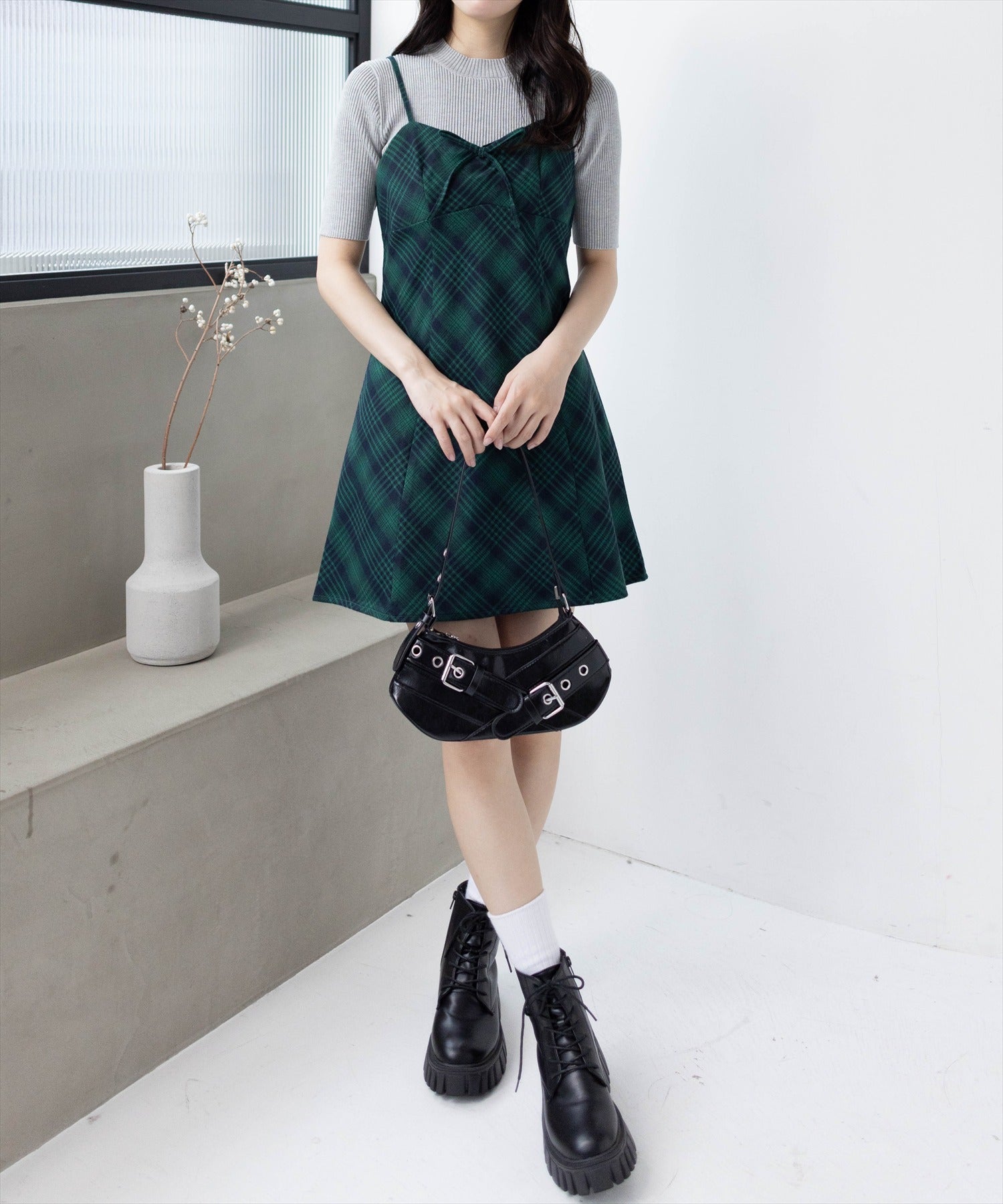 162cm/グリーン×チェック着用