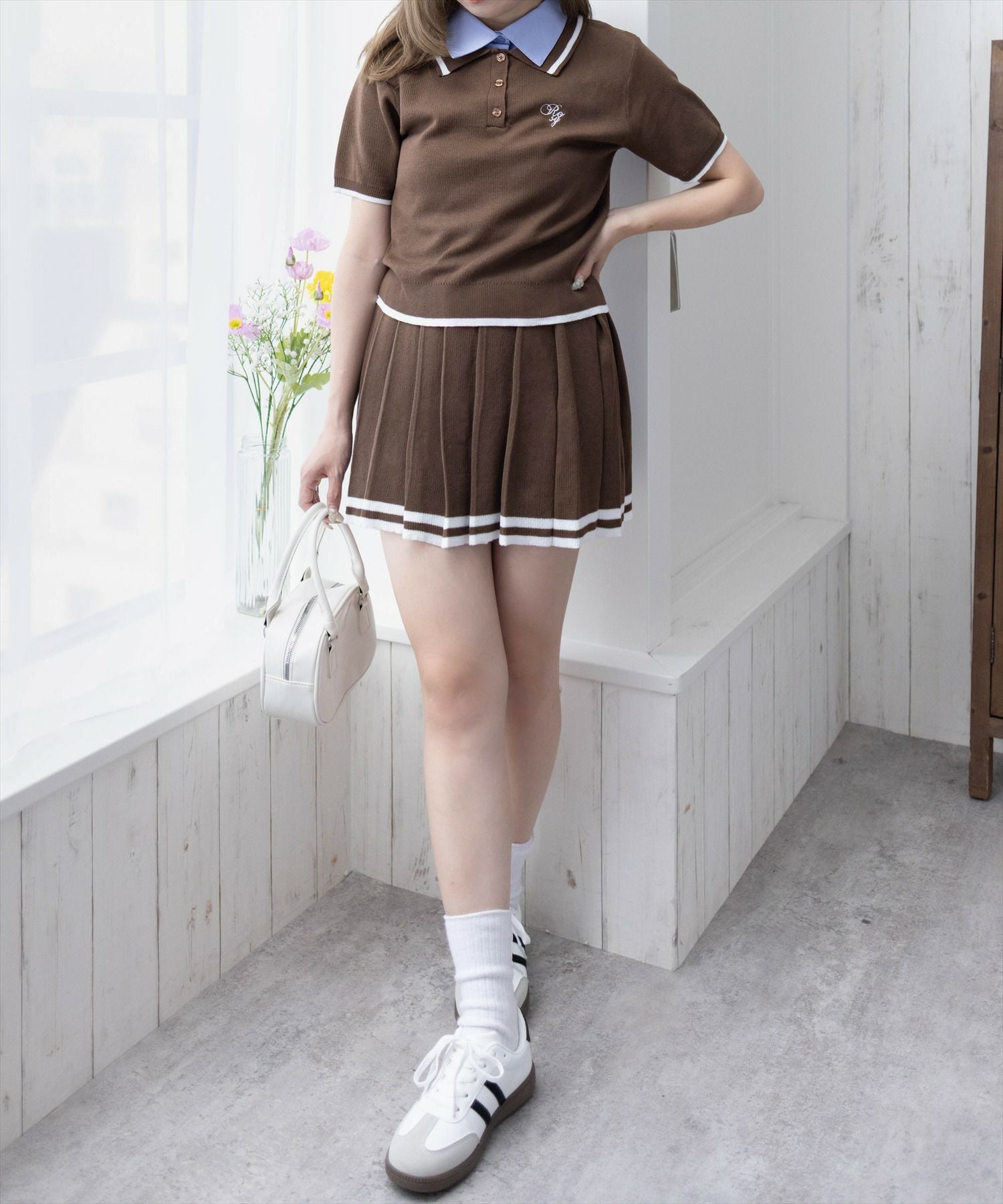 服/ファッション スカート セール】 【好印象企画】襟配色ニット×タックスカートセット