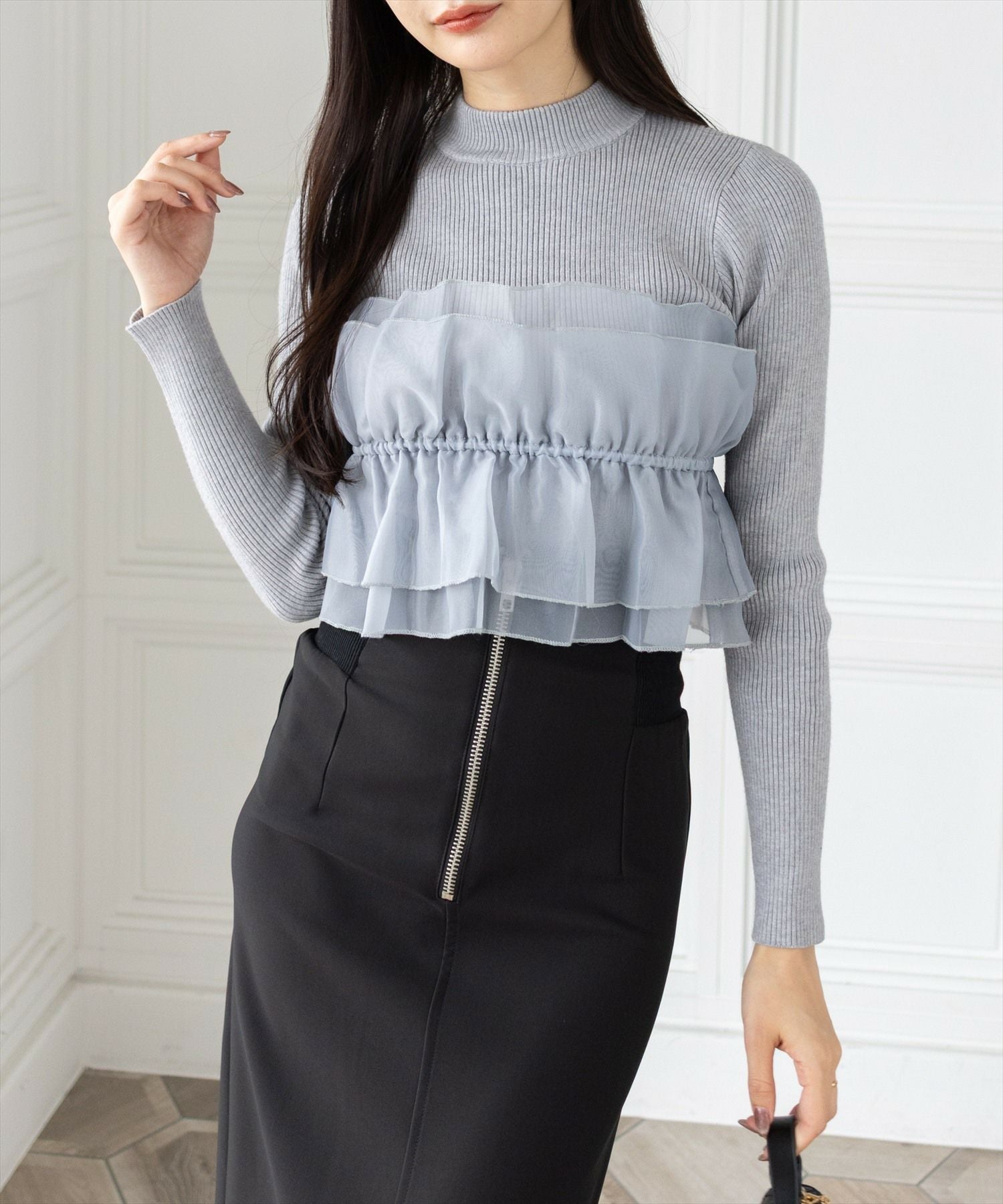 CLEAR BASIC オーガンジードッキングリブニットトップス[CL9198