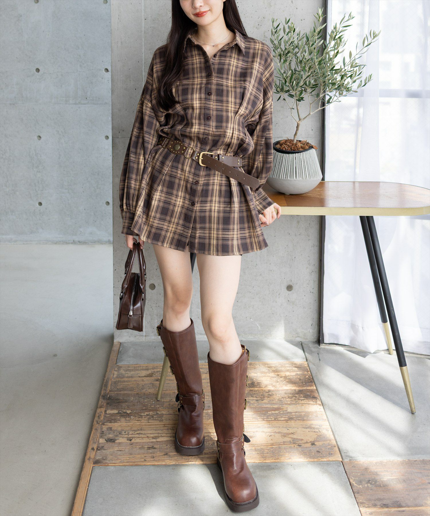 希少 LIZ LISA 起毛ブラウン チェック柄長袖ミニワンピース clear チェックシャツミニワンピース[CL9463] | レディース