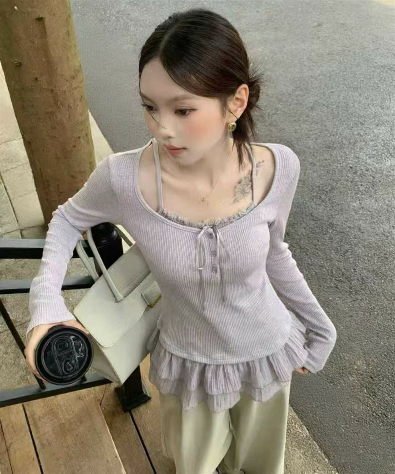 STAY MOTION≪WEB限定≫レイヤード風裾フリルリボンカットソートップス