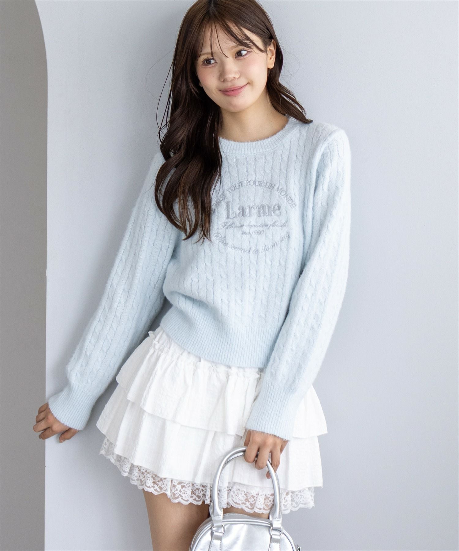 clear フロント刺繍シャギーケーブルニットトップス[CL9320
