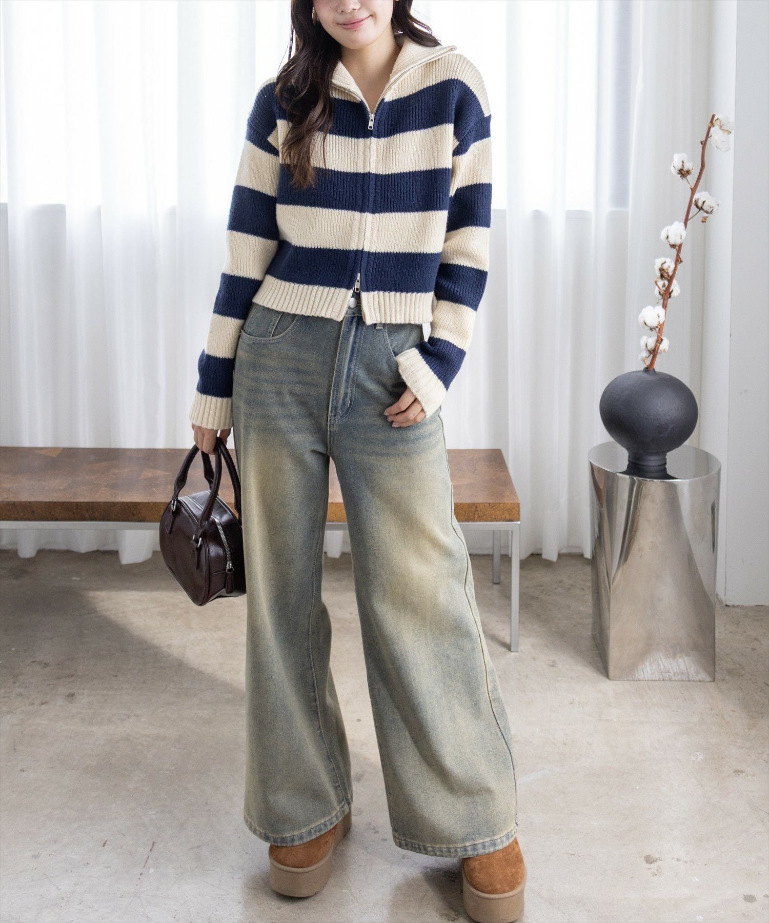 161cm/アイボリー×ネイビー