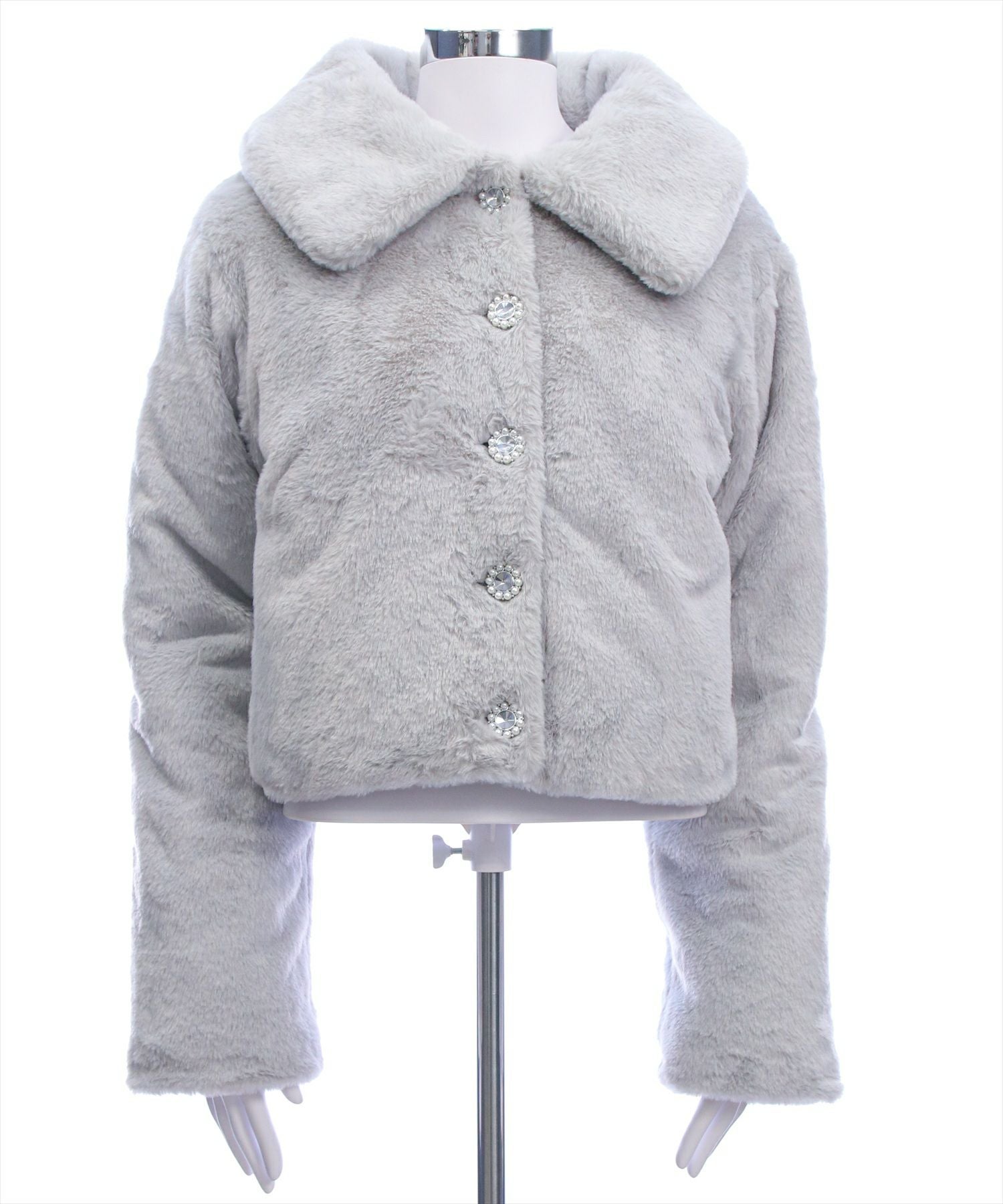 【極美品】TO BE CHIC モヘヤ ファー切替 ショートコート グレー 40 clear ビジューボタンフェイクファーショートコート[CL9074