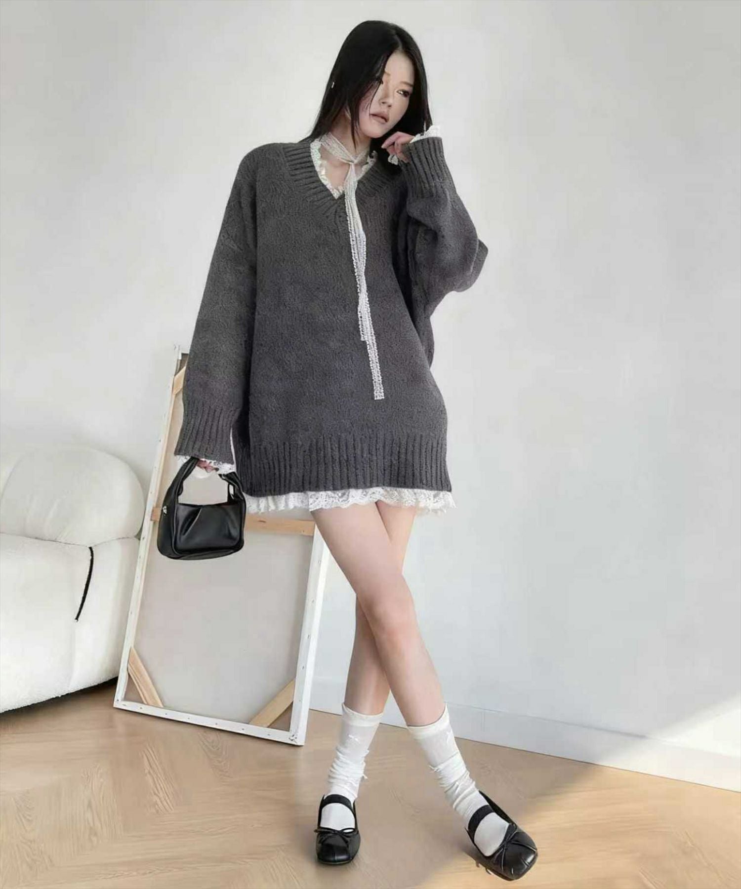 STAY MOTION≪WEB限定≫レース付きVネックニットトップス[ST1069