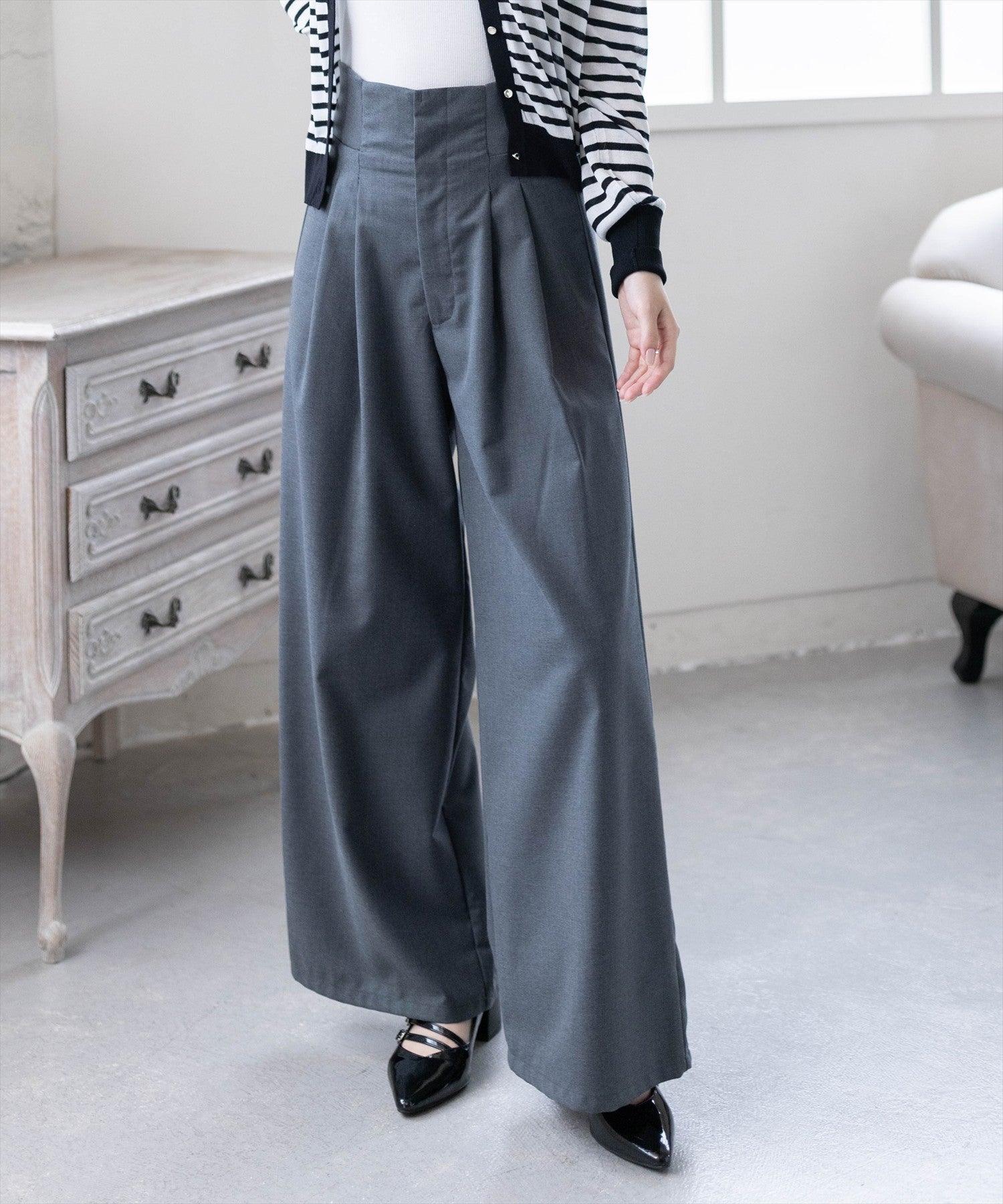 CLEAR BASIC ウエストリブワイドパンツ 再入荷商品 ロングパンツ スラックス