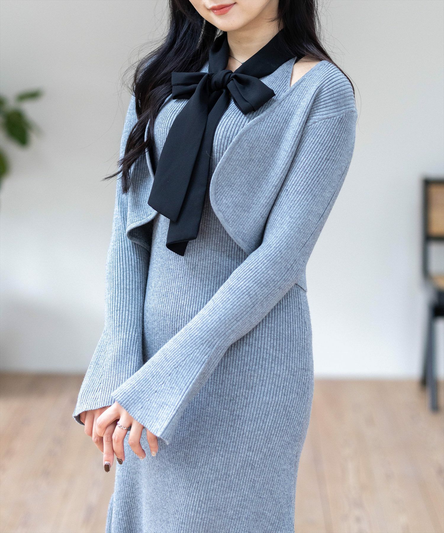 2020aw vintageroom701 リボンニット ライトグレー リップサービス LIP SERVICE デコルテオープンバイカラーリボンニット
